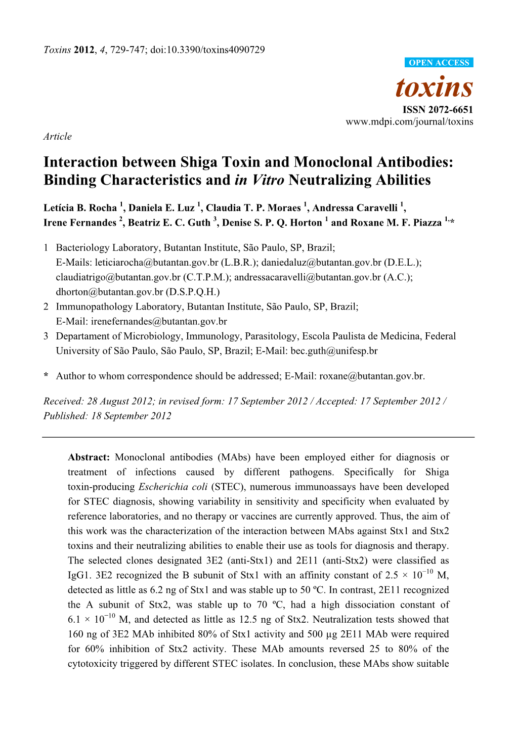 Interaction Between Shiga Toxin and Monoclonal Antibodies: Binding Characteristics and in Vitro Neutralizing Abilities