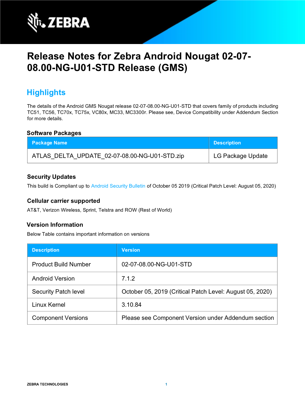 Release Notes for Zebra Android Nougat 02-07- 08.00-NG-U01-STD Release (GMS)