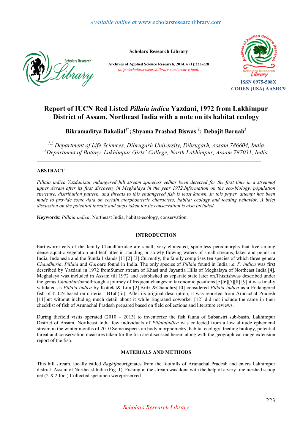 Report of IUCN Red Listed Pillaia Indica Yazdani, 1972 from Lakhimpur District of Assam, Northeast India with a Note on Its Habitat Ecology