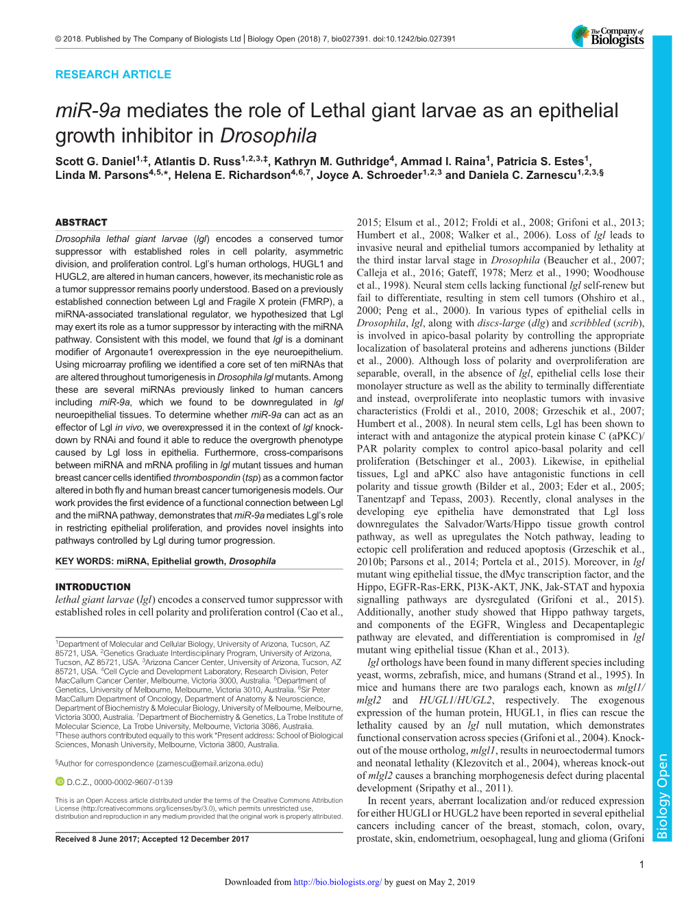 Mir-9A Mediates the Role of Lethal Giant Larvae As an Epithelial Growth Inhibitor in Drosophila Scott G