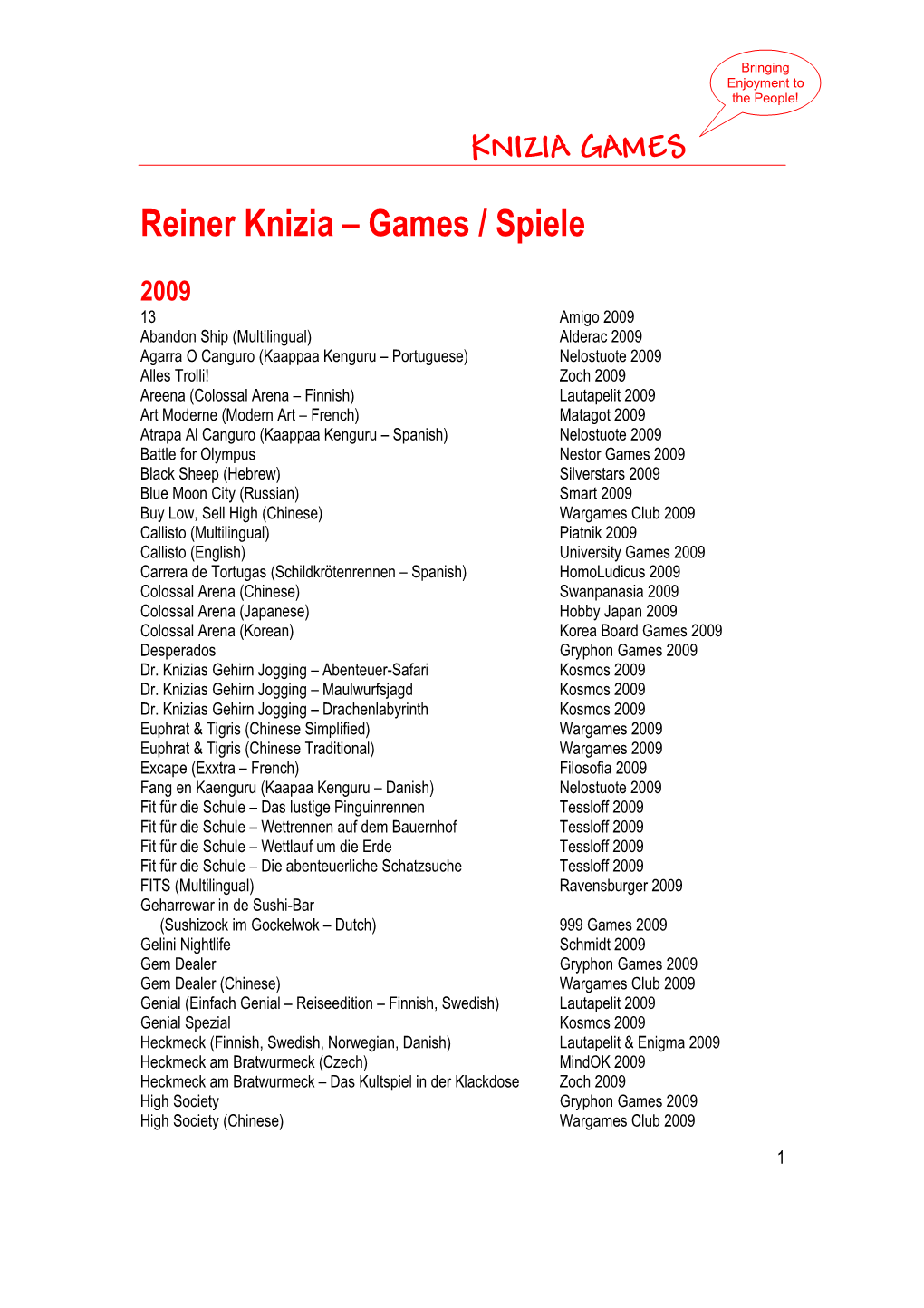 Reiner Knizia – Games / Spiele