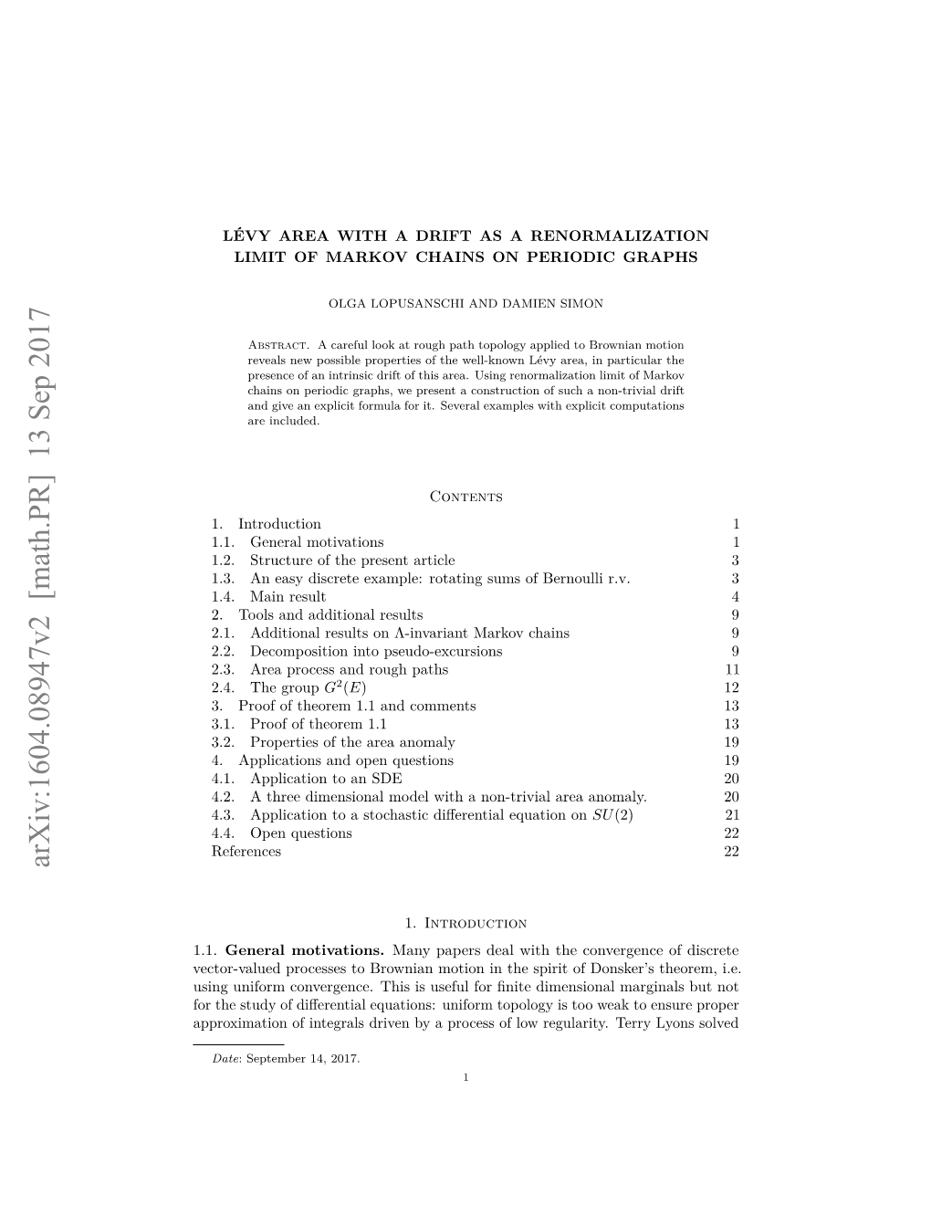 Arxiv:1604.08947V2 [Math.PR] 13 Sep 2017