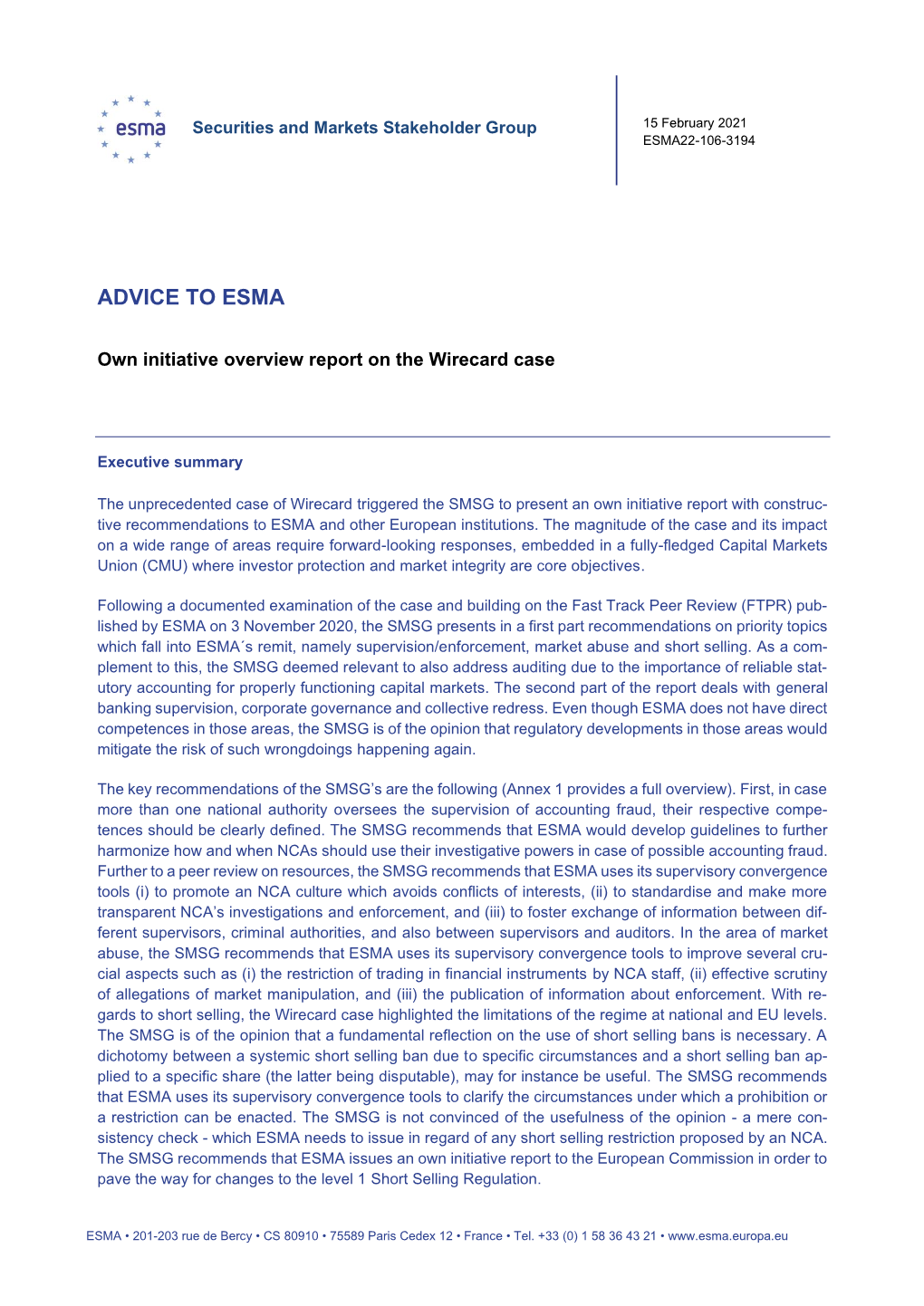 SMSG Own Initiative Advice to ESMA on Wirecard Case