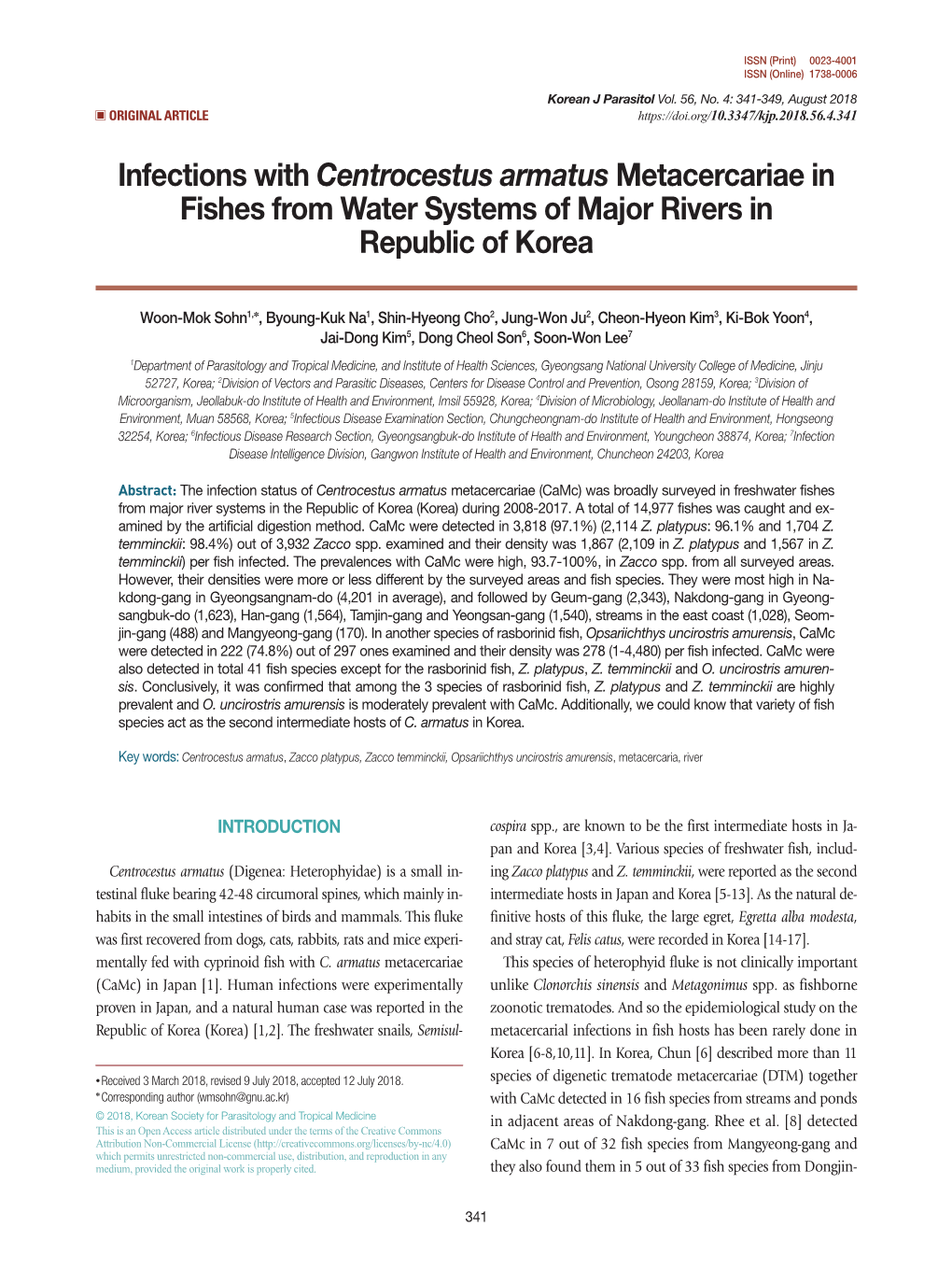 Infections with Centrocestus Armatus Metacercariae in Fishes from Water Systems of Major Rivers in Republic of Korea