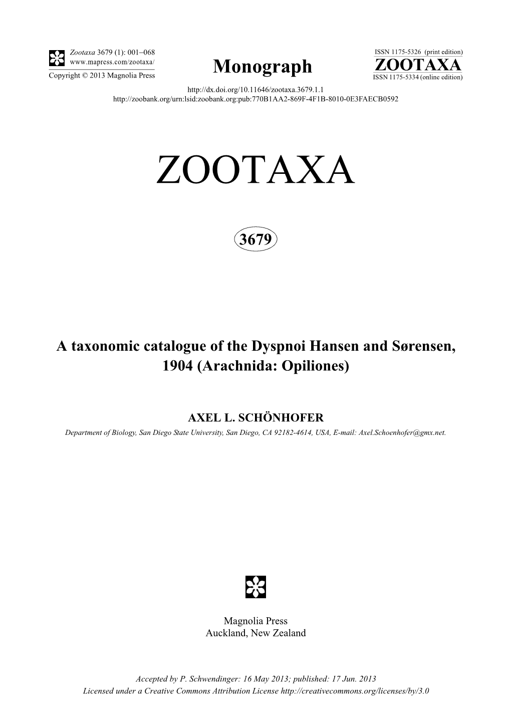 A Taxonomic Catalogue of the Dyspnoi Hansen and Sørensen, 1904 (Arachnida: Opiliones)