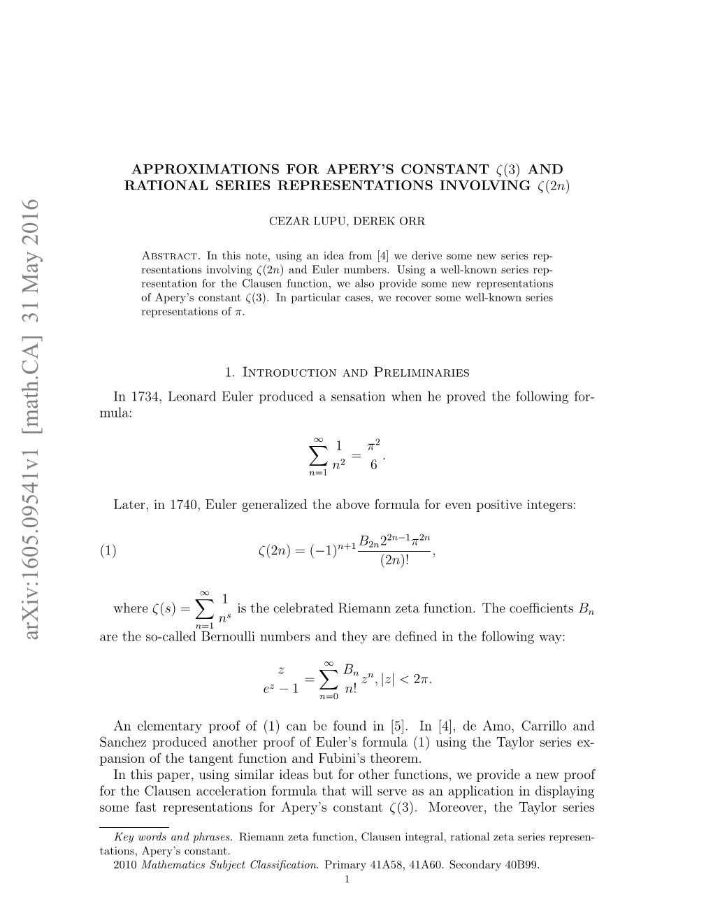 Approximations for Apery's Constant $\Zeta (3) $ and Rational Series