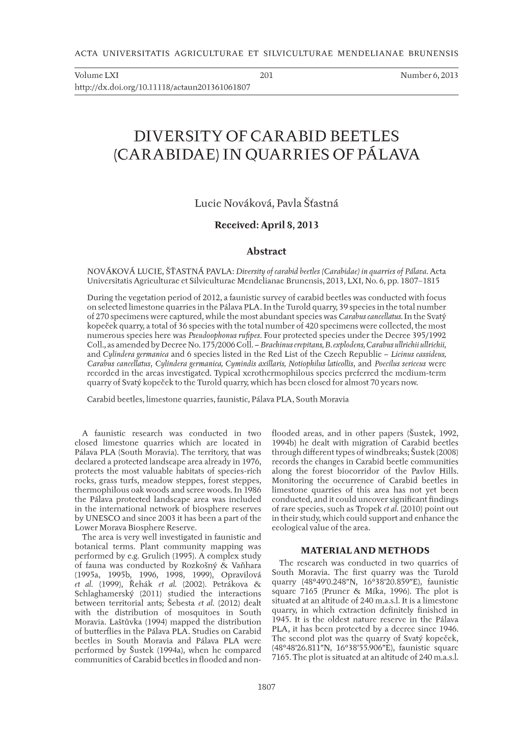 Diversity of Carabid Beetles (Carabidae) in Quarries of Pálava