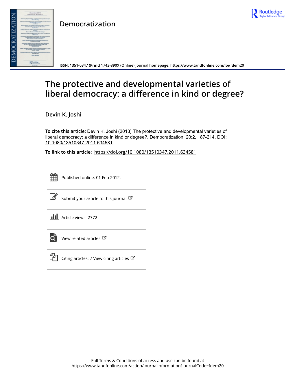 The Protective and Developmental Varieties of Liberal Democracy: a Difference in Kind Or Degree?