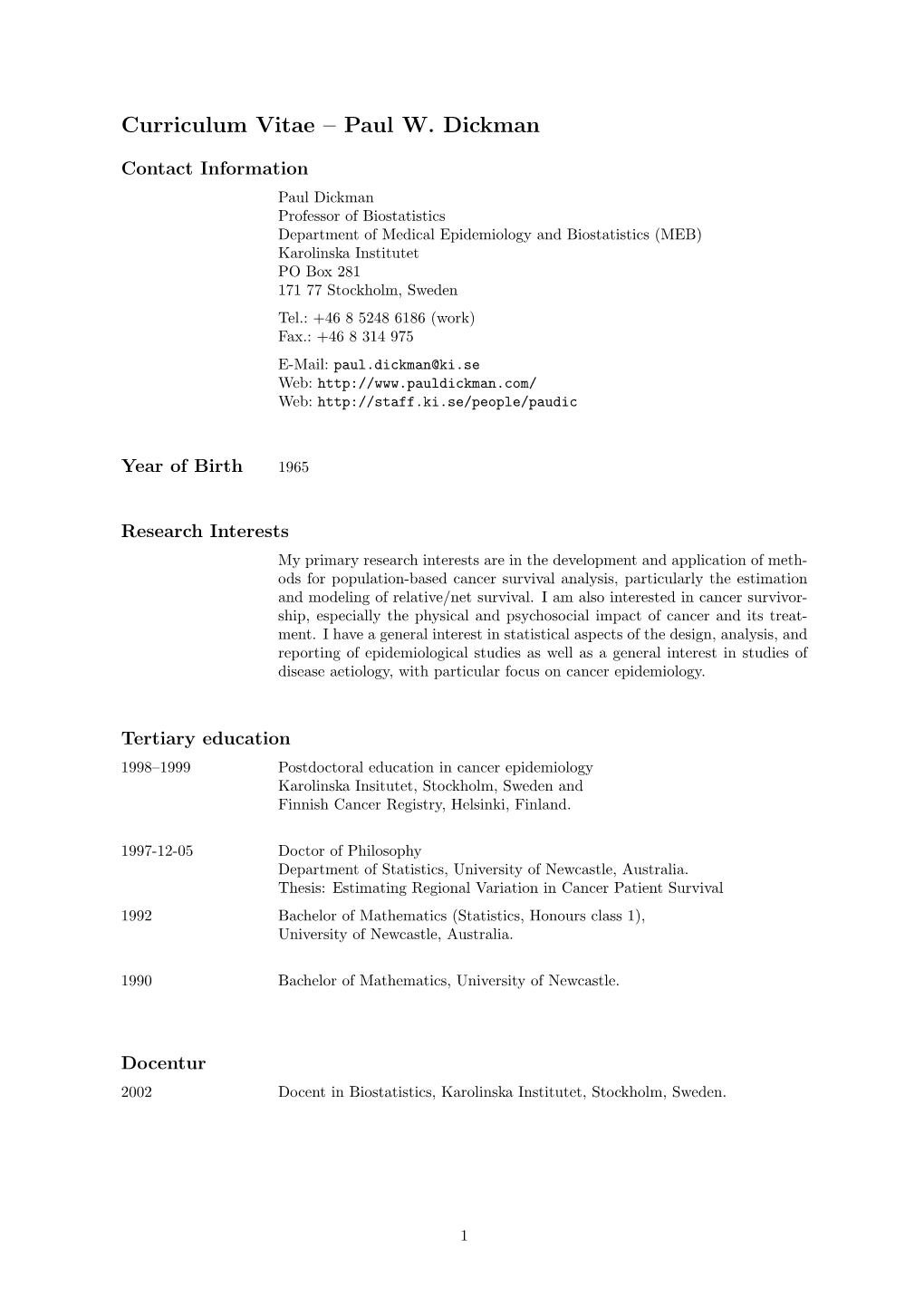 Curriculum Vitae – Paul W. Dickman