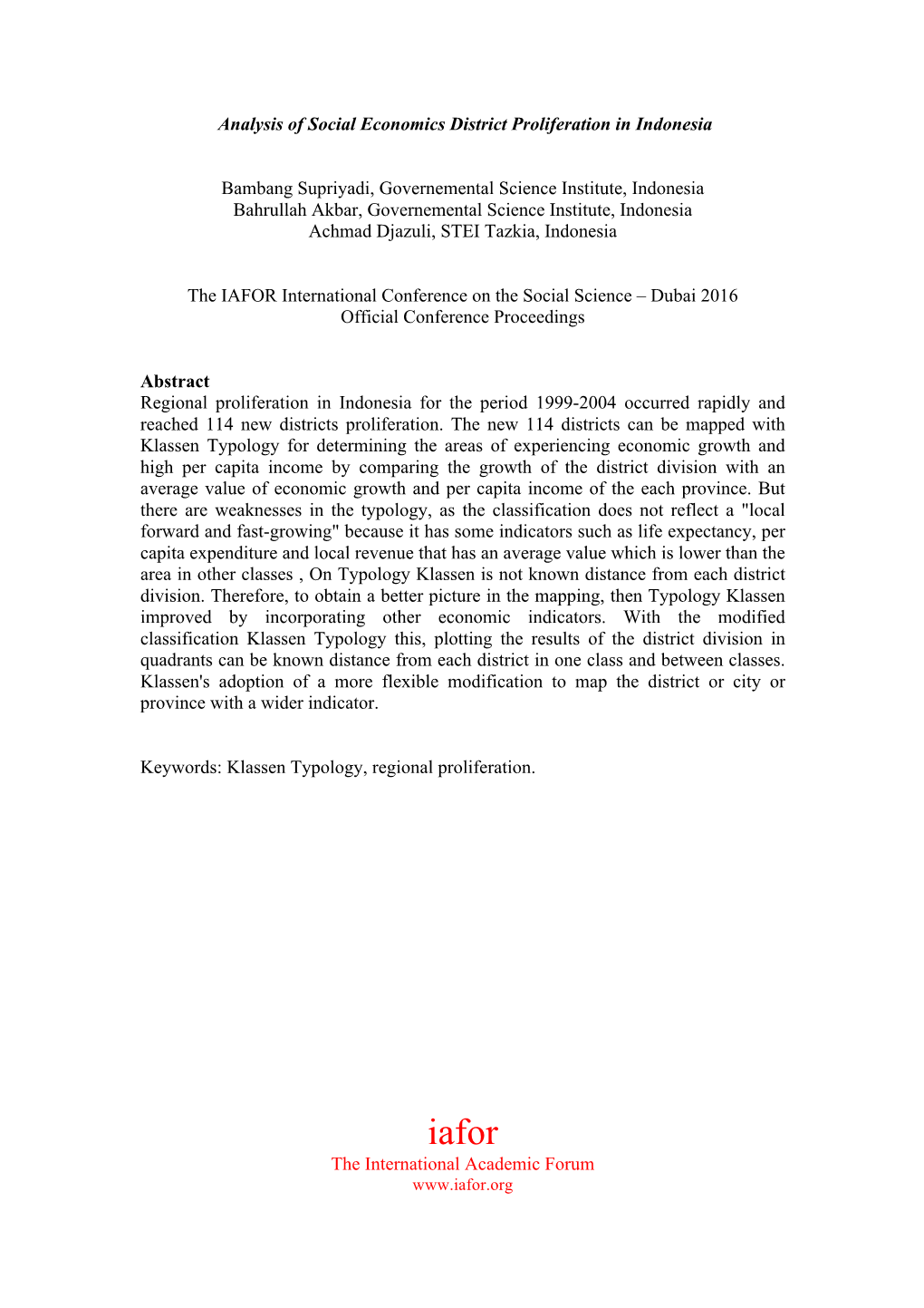 Analysis of Social Economics District Proliferation in Indonesia Bambang