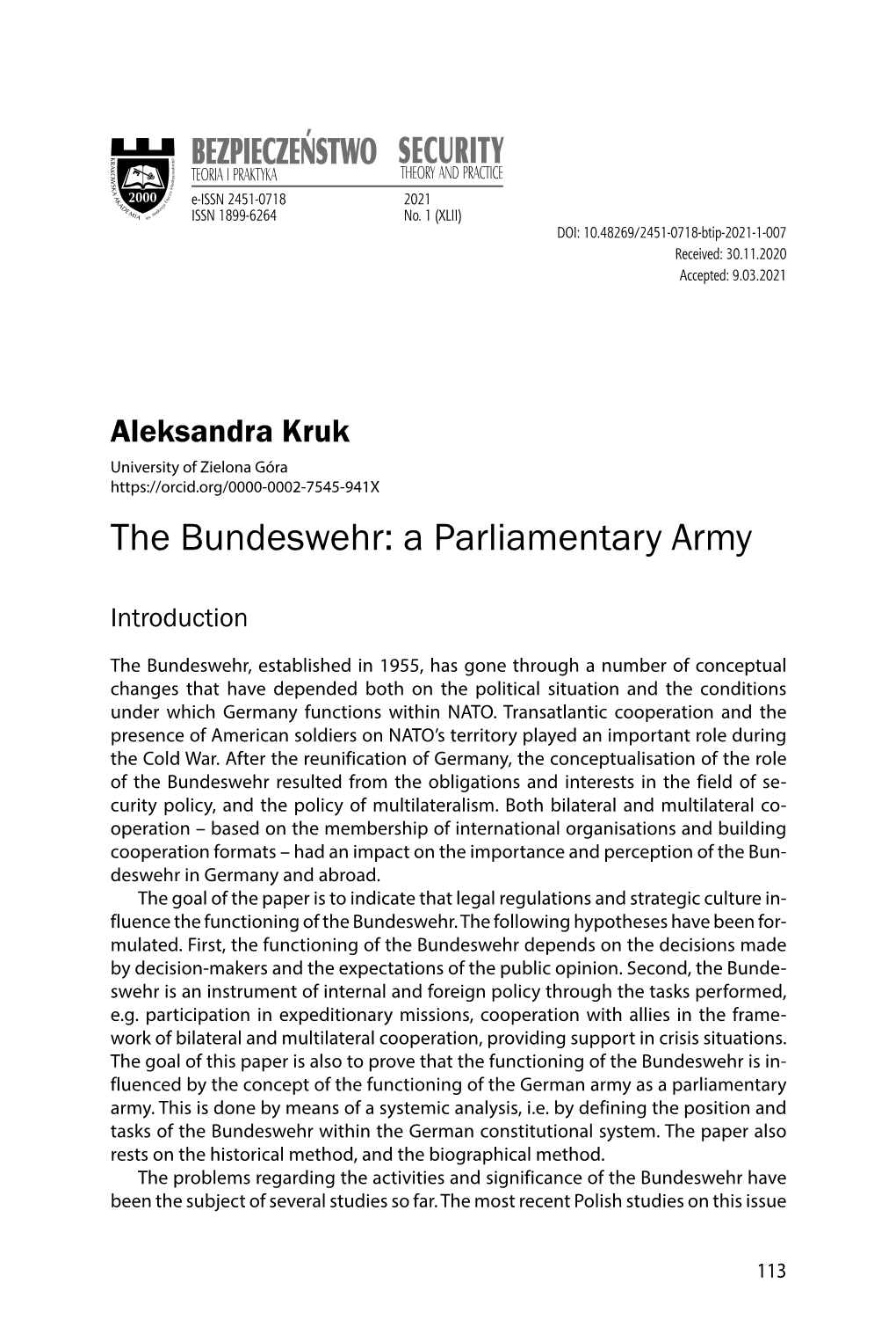 The Bundeswehr: a Parliamentary Army