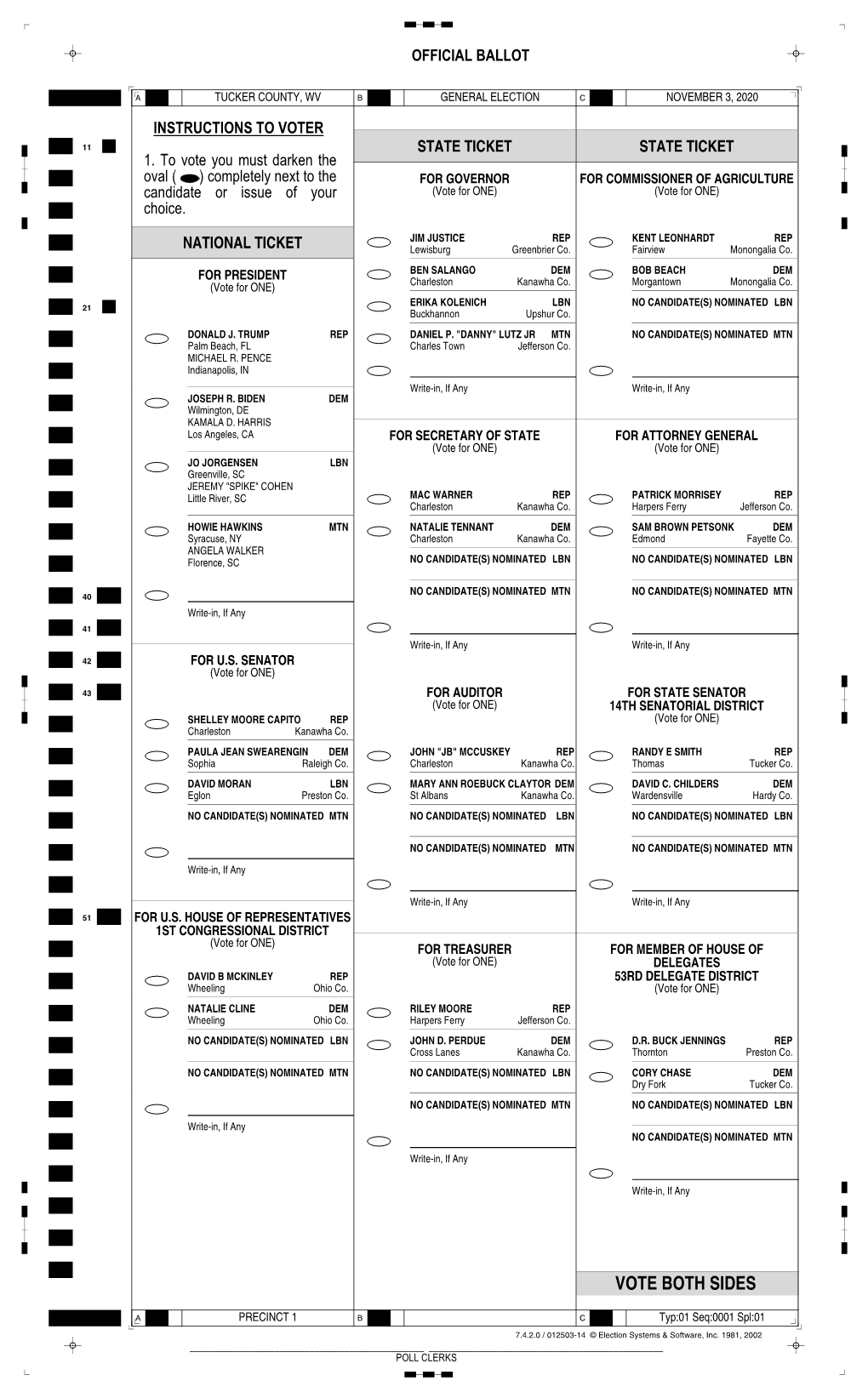 2020 Tucker County General Election Sample Ballots