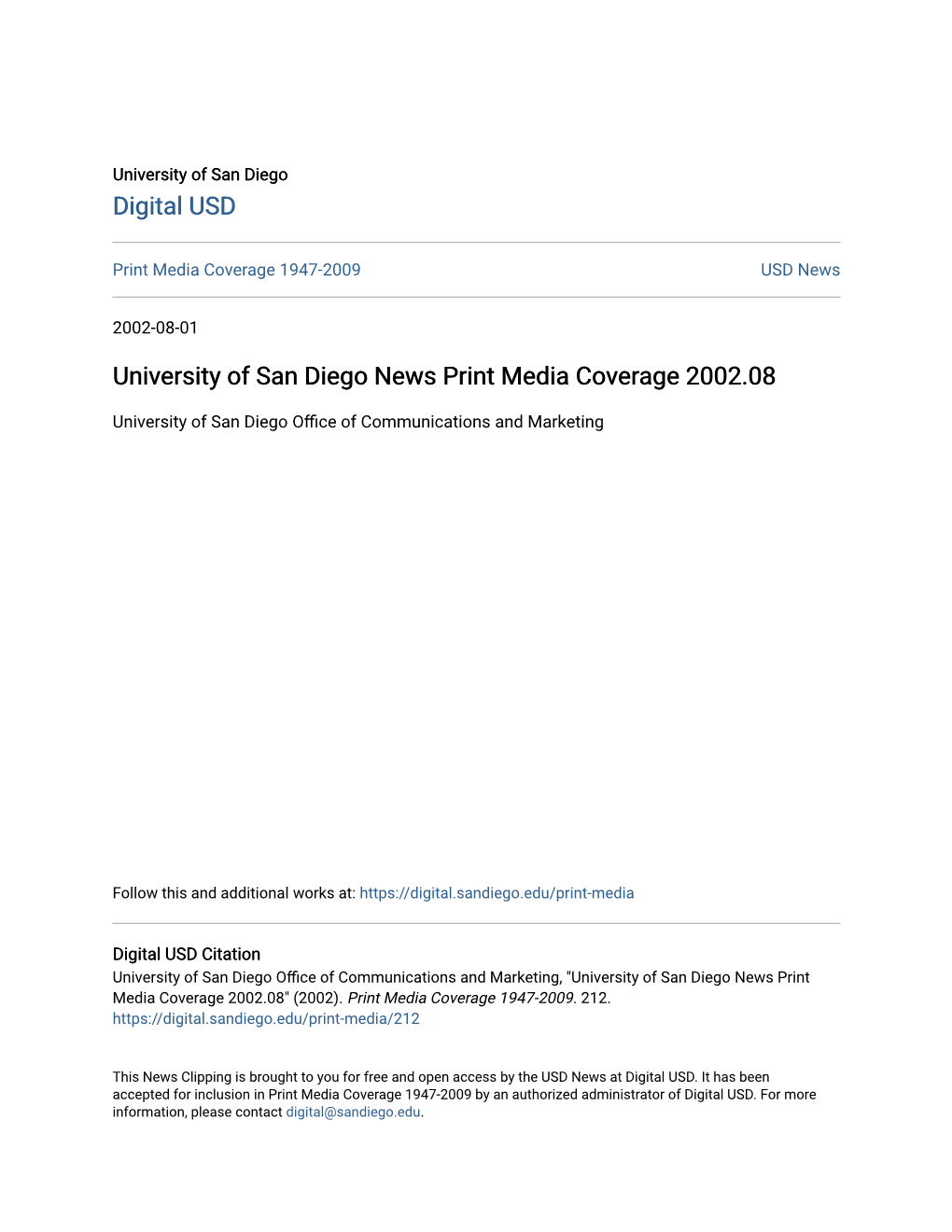 University of San Diego News Print Media Coverage 2002.08