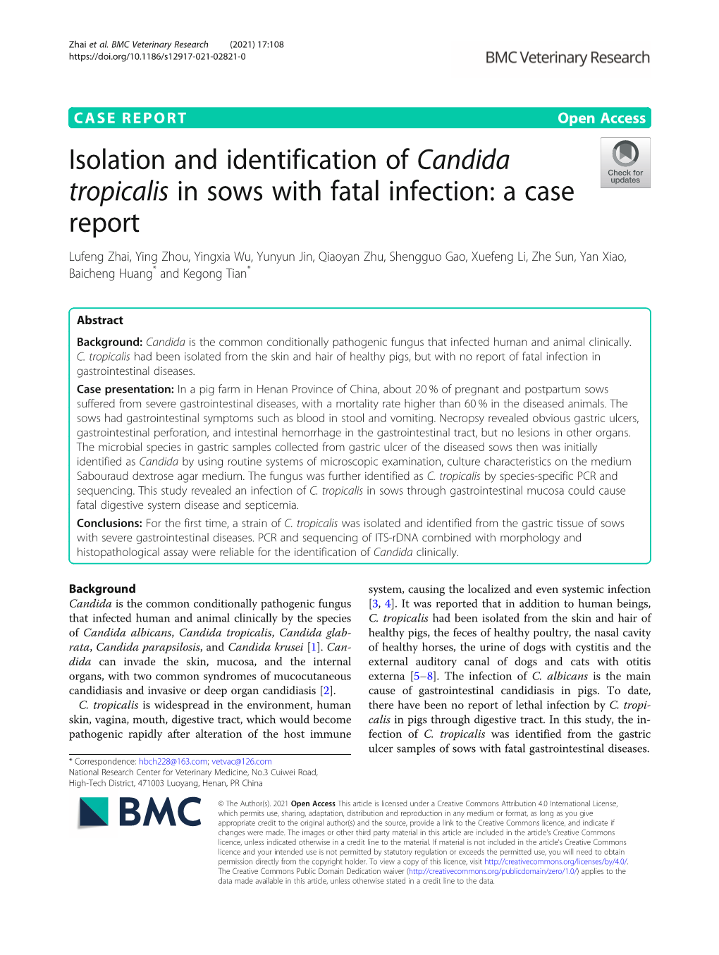 Isolation and Identification of Candida Tropicalis in Sows with Fatal Infection