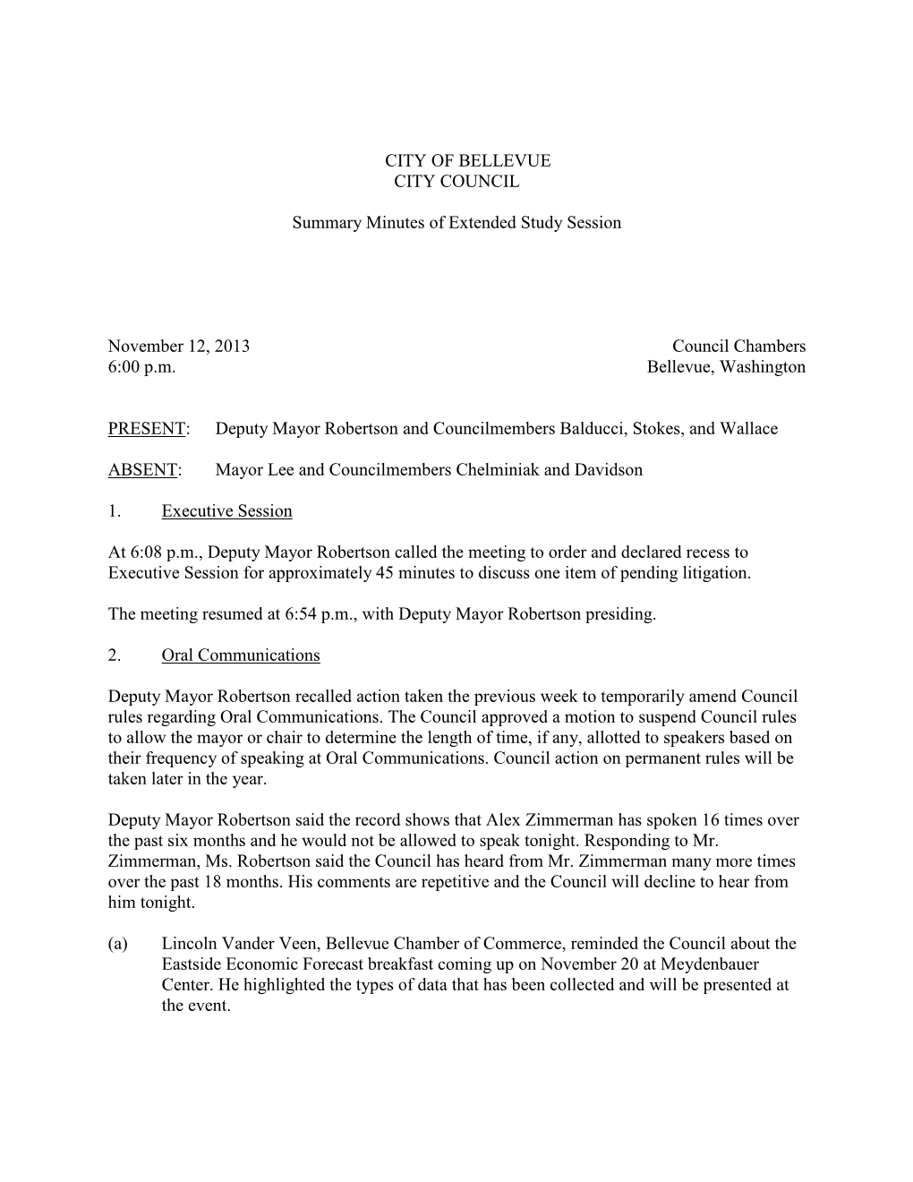 CITY of BELLEVUE CITY COUNCIL Summary Minutes of Extended