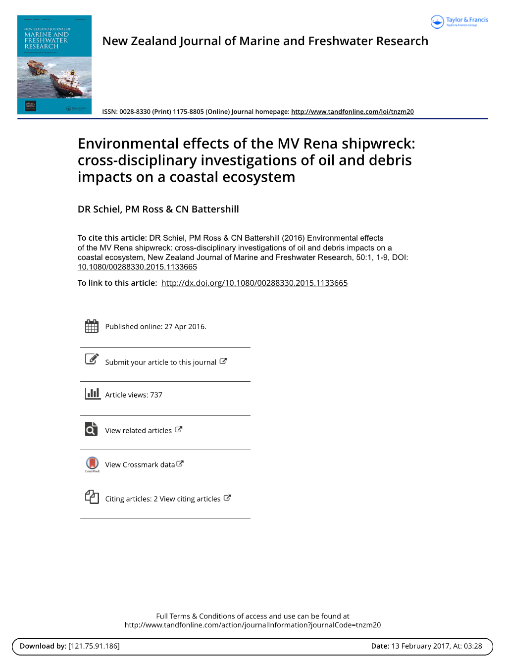 Environmental Effects of the MV Rena Shipwreck: Cross-Disciplinary Investigations of Oil and Debris Impacts on a Coastal Ecosystem