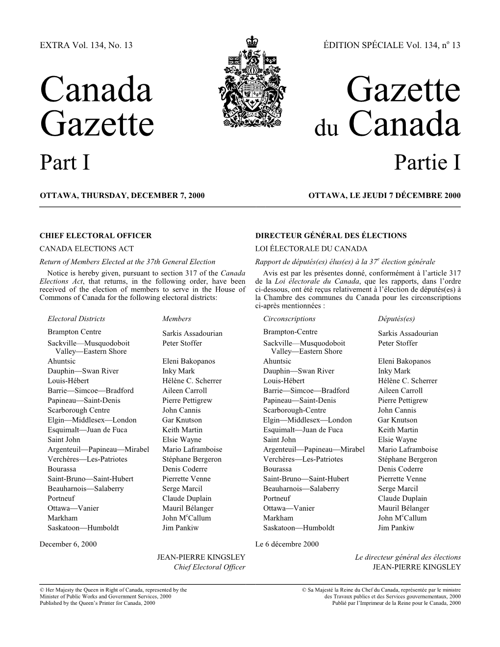 Canada Gazette, Part I, Extra