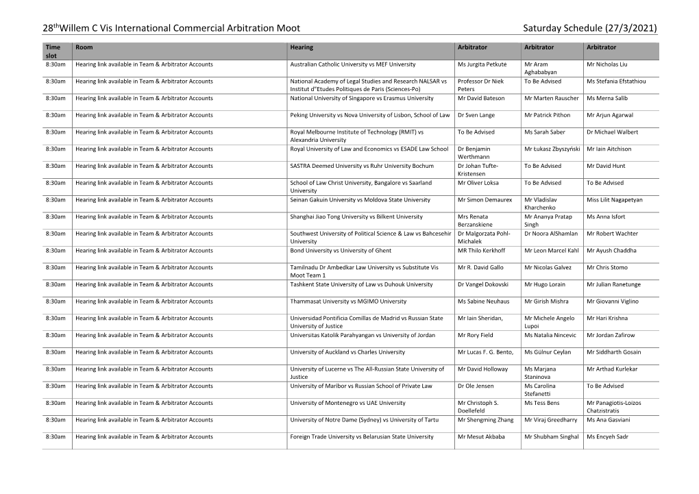28Thwillem C Vis International Commercial Arbitration Moot Saturday Schedule (27/3/2021)