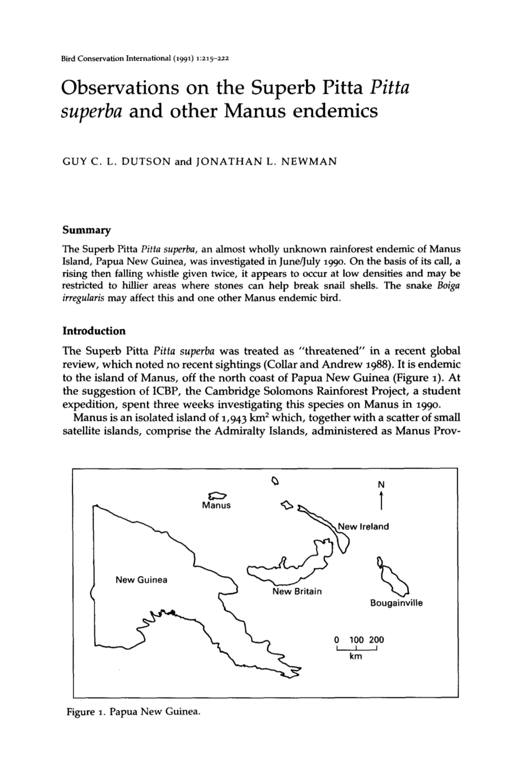 Observations on the Superb Pitta Pitta Superba and Other Manus Endemics