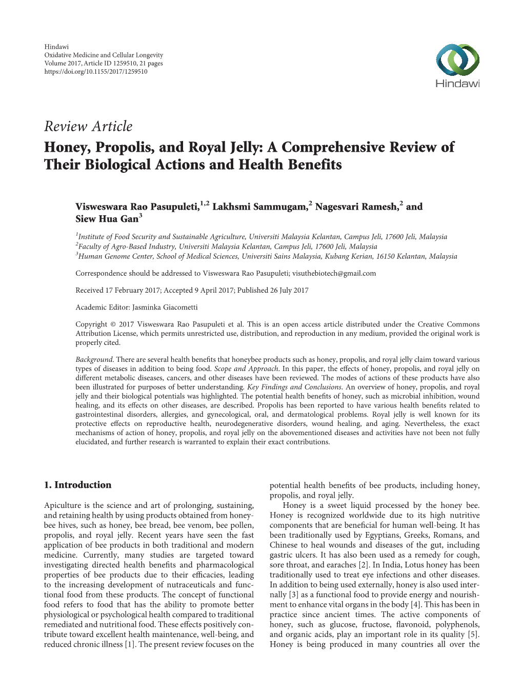 Review Article Honey, Propolis, and Royal Jelly: a Comprehensive Review of Their Biological Actions and Health Benefits