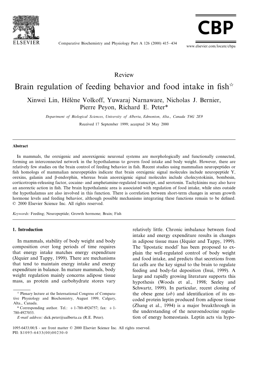 Brain Regulation of Feeding Behavior and Food Intake in Fish