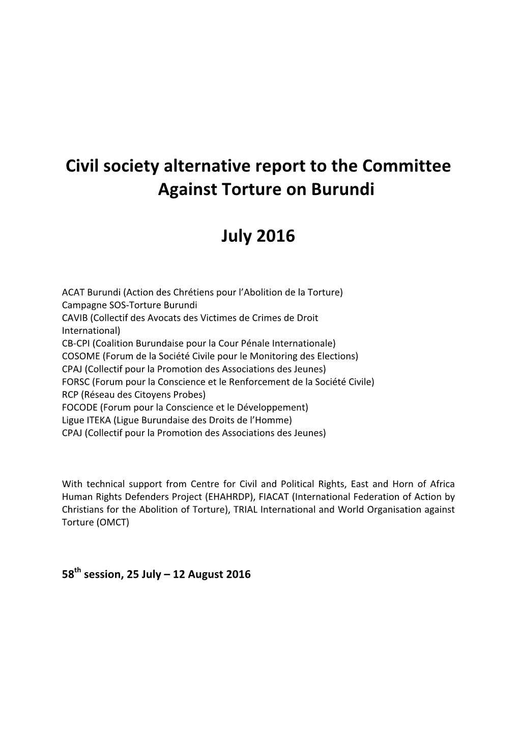 Civil Society Alternative Report to the Committee Against Torture on Burundi July