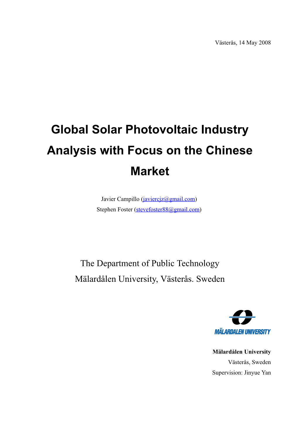 Global Solar Photovoltaic Industry Analysis with Focus on the Chinese Market