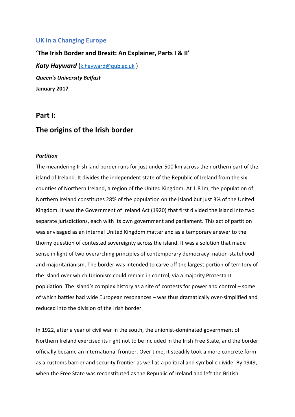 'The Irish Border and Brexit: an Explainer, Parts I & II' Katy Hayward