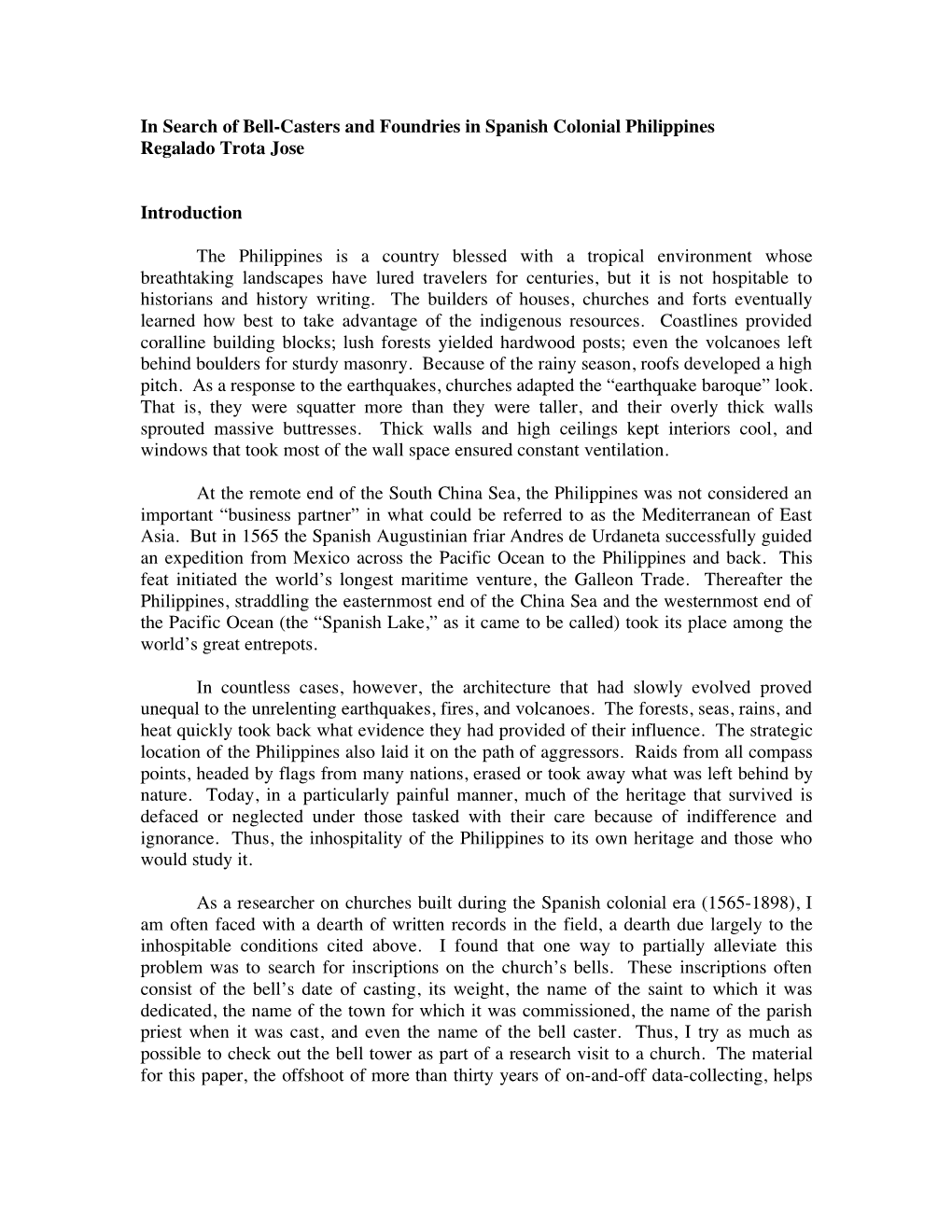 In Search of Bell-Casters and Foundries in Spanish Colonial Philippines Regalado Trota Jose