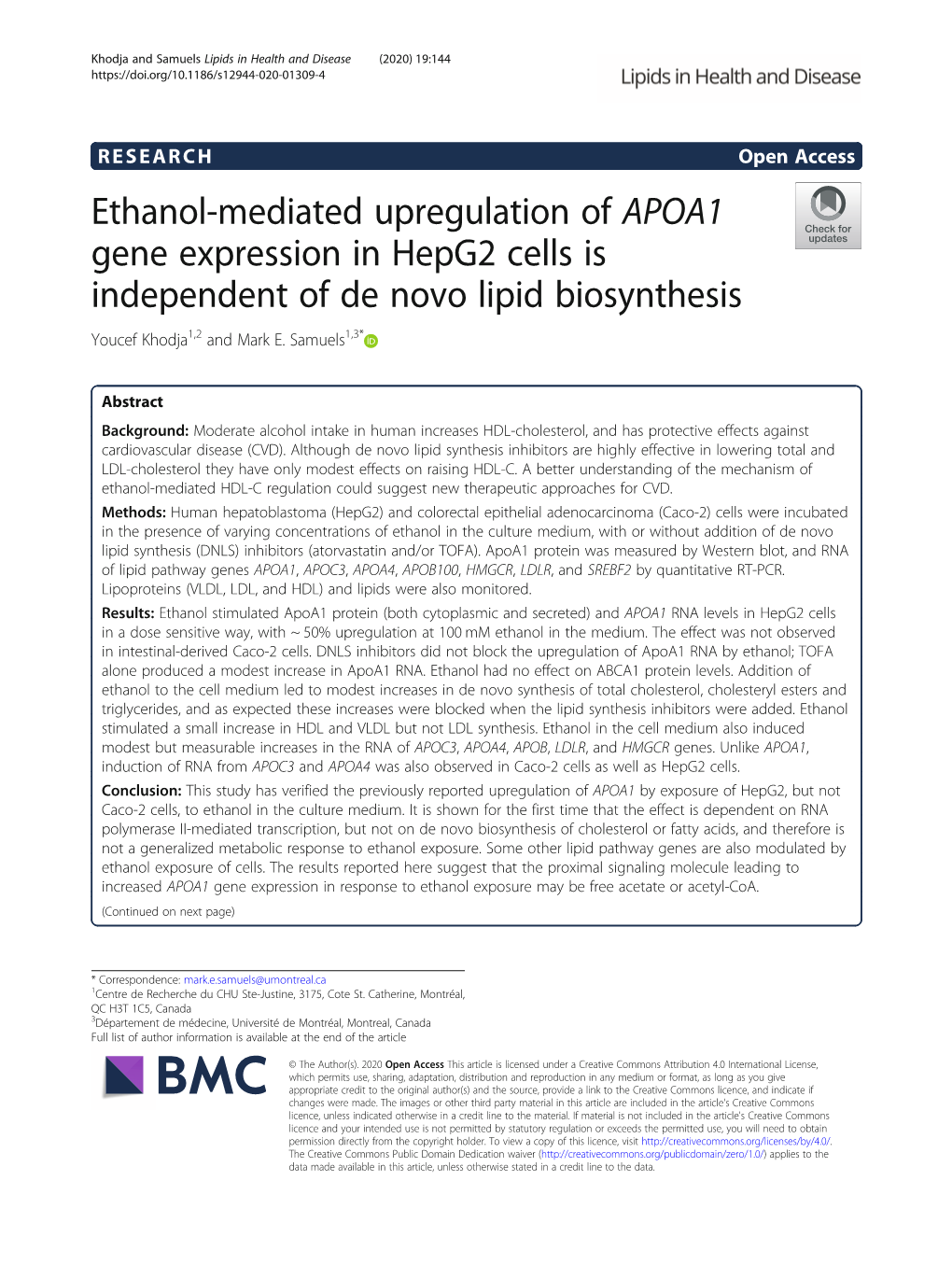 Ethanol-Mediated Upregulation of APOA1 Gene Expression in Hepg2 Cells Is Independent of De Novo Lipid Biosynthesis Youcef Khodja1,2 and Mark E