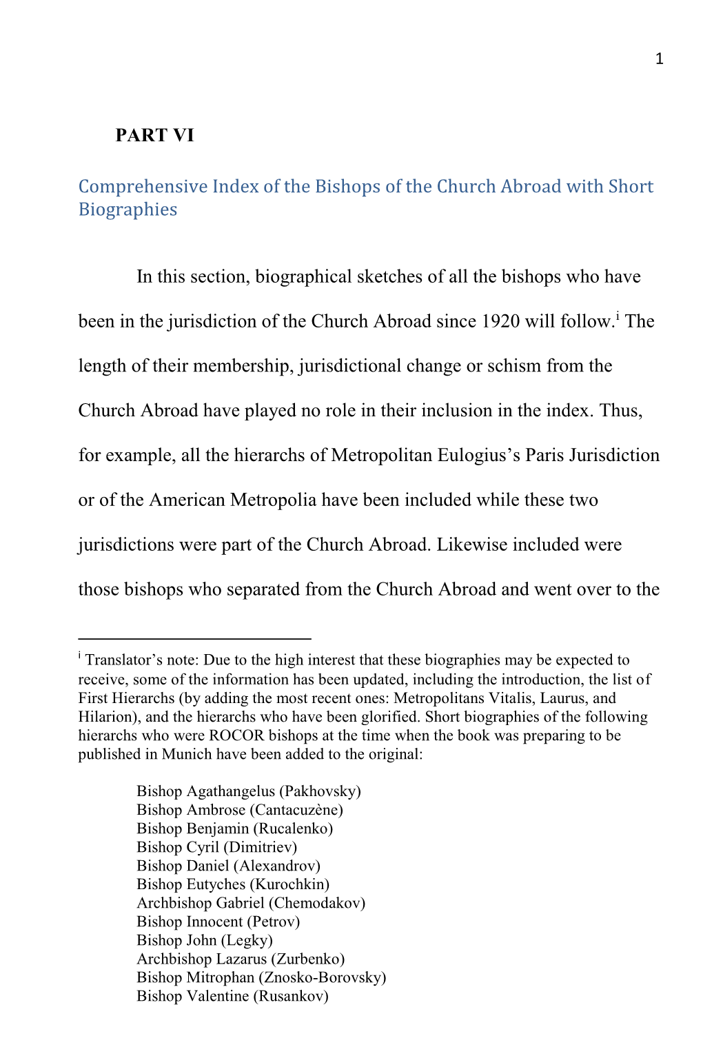 PART VI Comprehensive Index of the Bishops of the Church Abroad with Short Biographies in This Section, Biographical Sketches Of