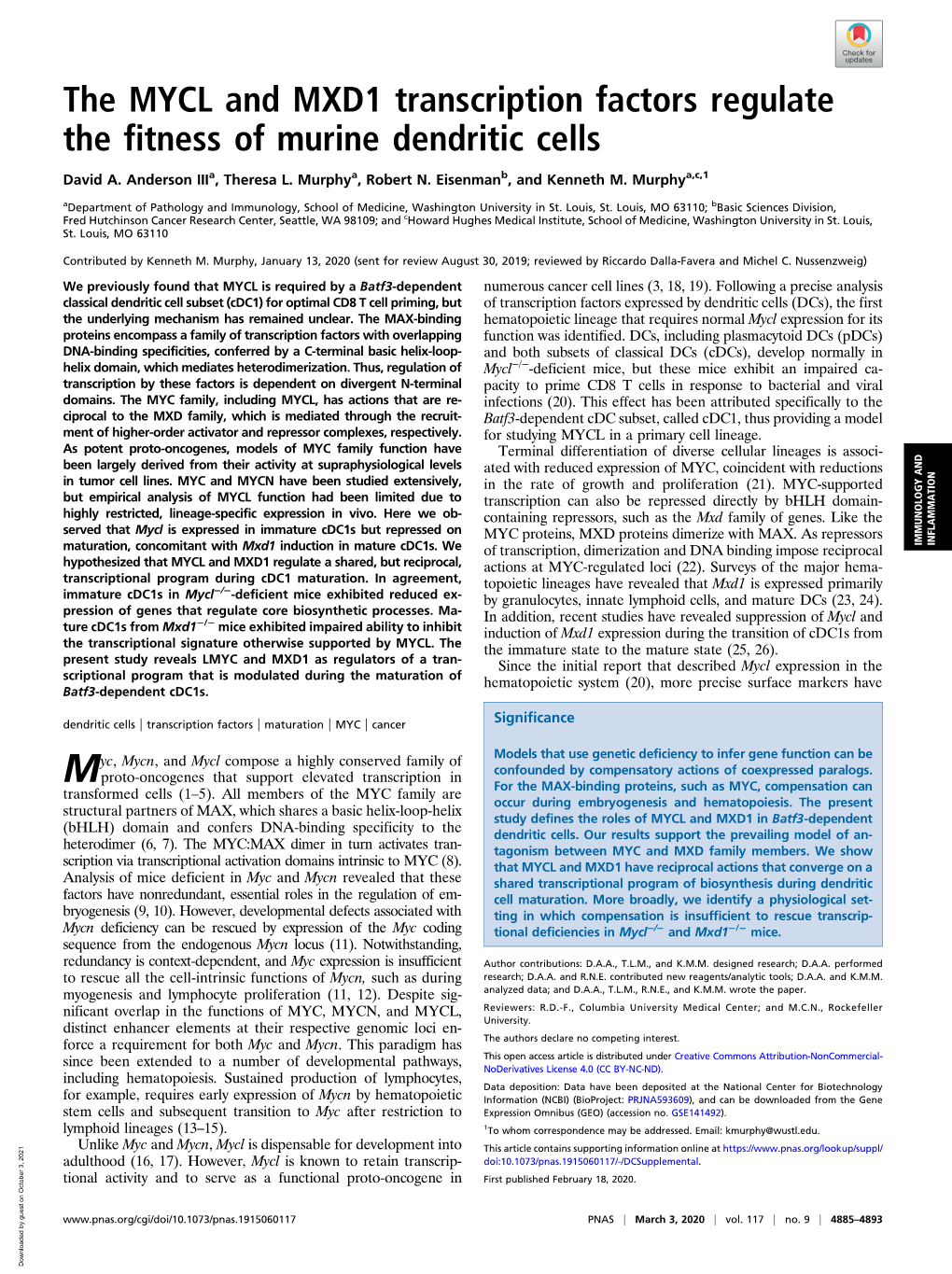 The MYCL and MXD1 Transcription Factors Regulate the Fitness of Murine Dendritic Cells