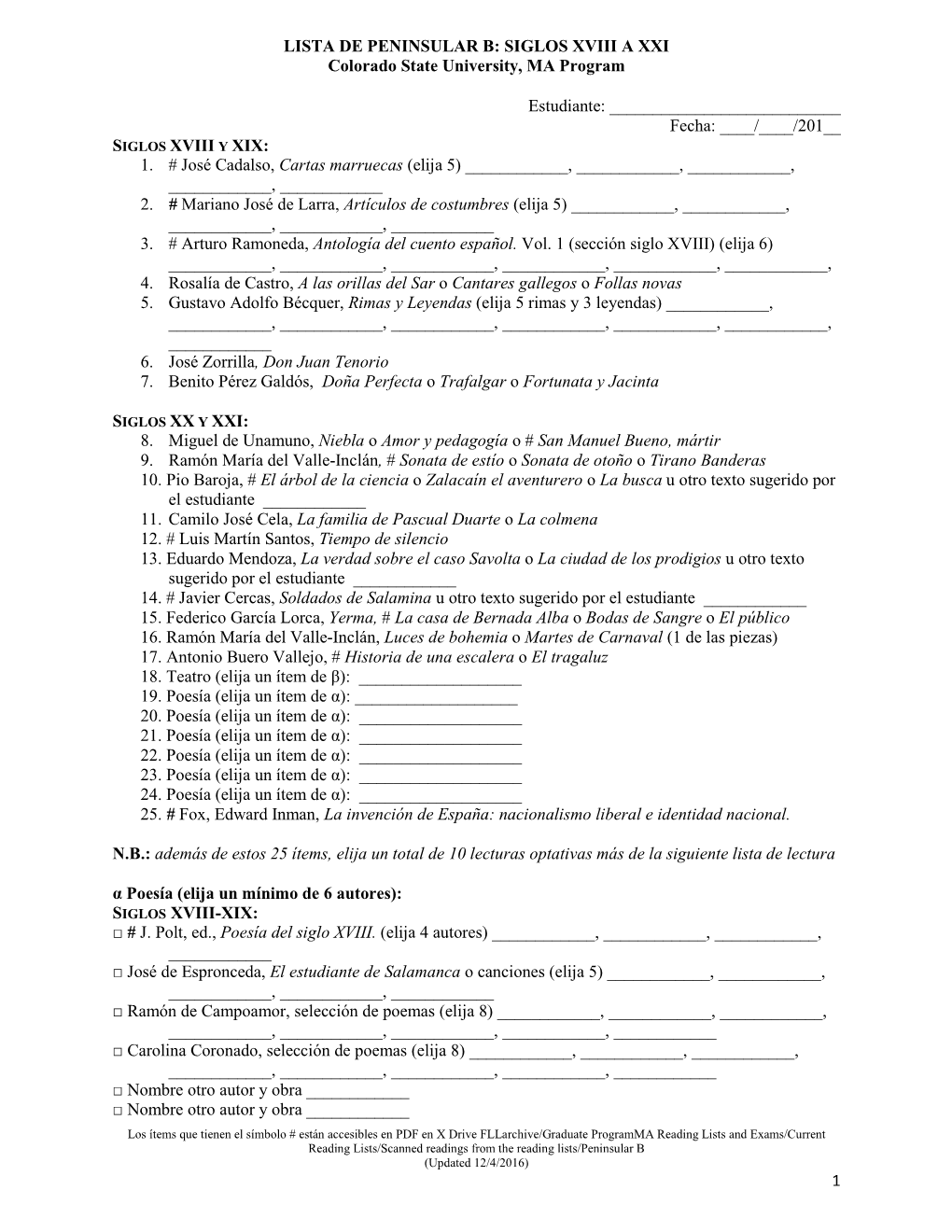 LISTA DE PENINSULAR B: SIGLOS XVIII a XXI Colorado State University, MA Program