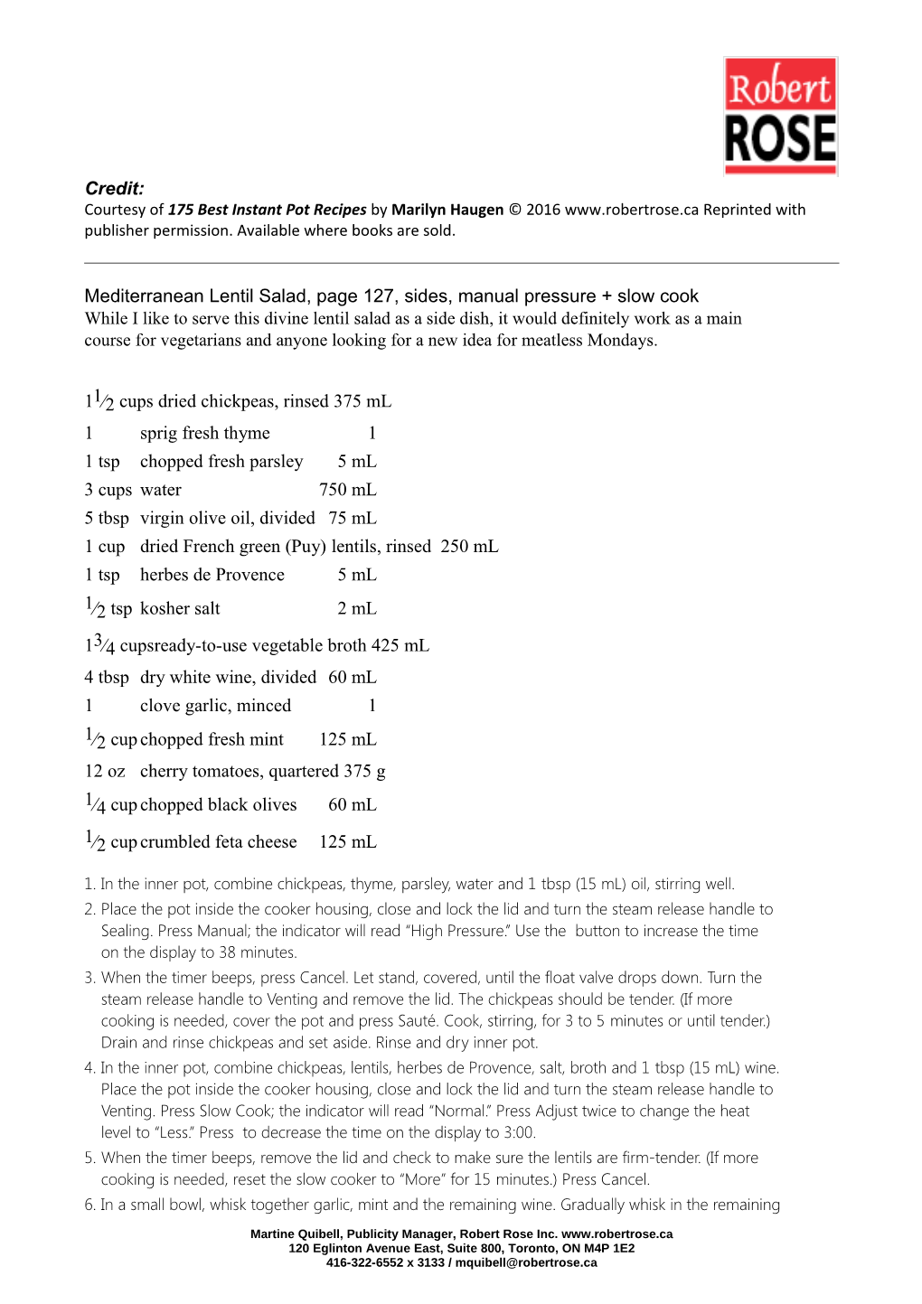 Mediterranean Lentil Salad, Page 127, Sides, Manual Pressure + Slow Cook