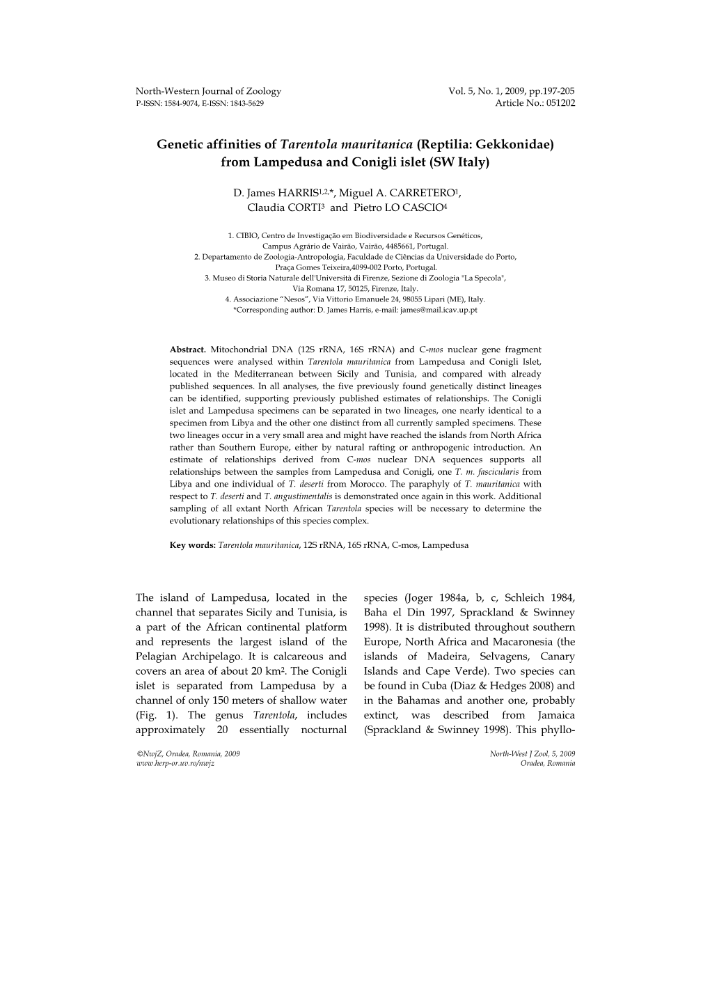 Genetic Affinities of Tarentola Mauritanica (Reptilia: Gekkonidae) from Lampedusa and Conigli Islet (SW Italy)