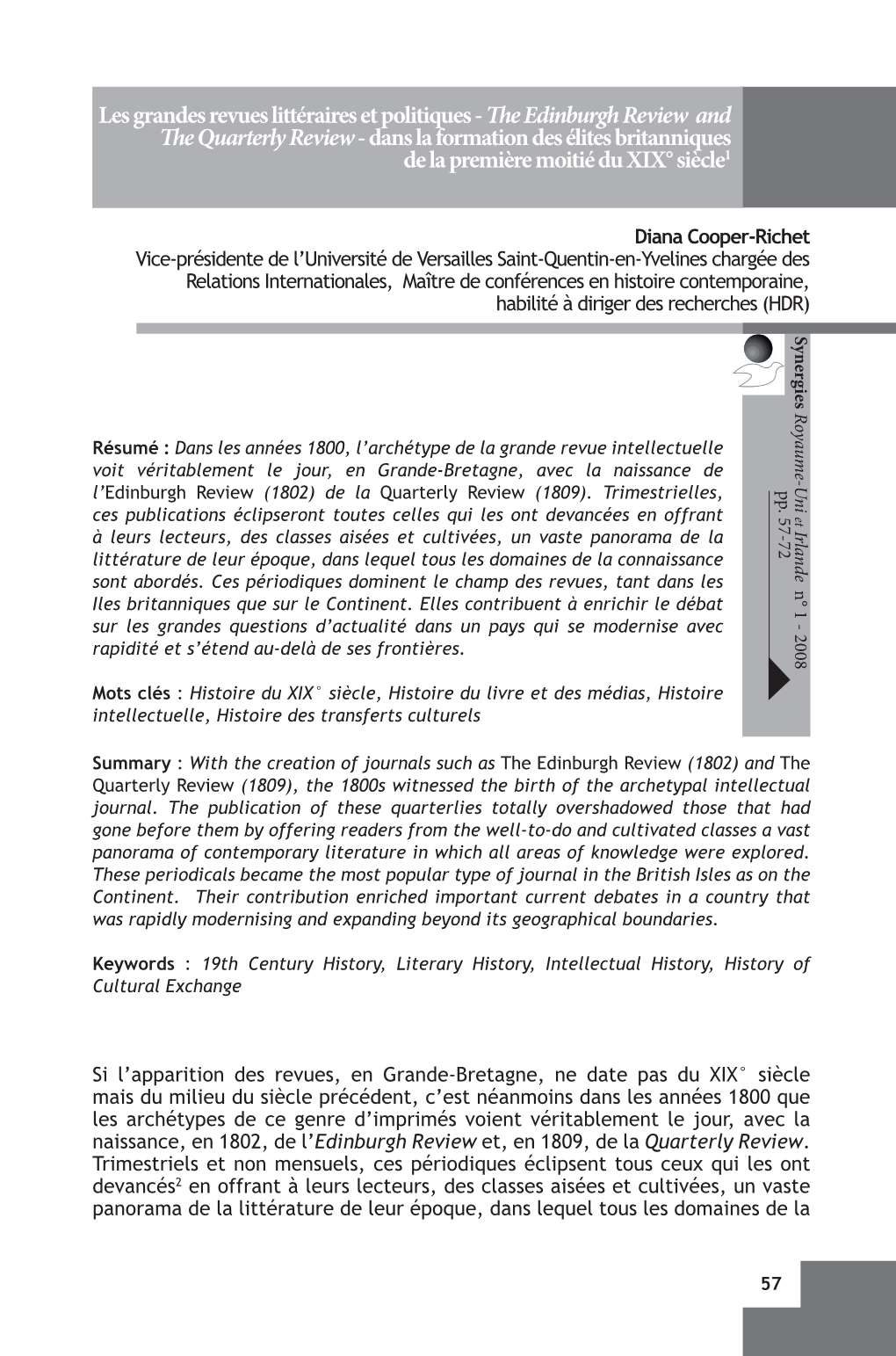 The Edinburgh Review and the Quarterly Review - Dans La Formation Des Élites Britanniques De La Première Moitié Du XIX° Siècle1