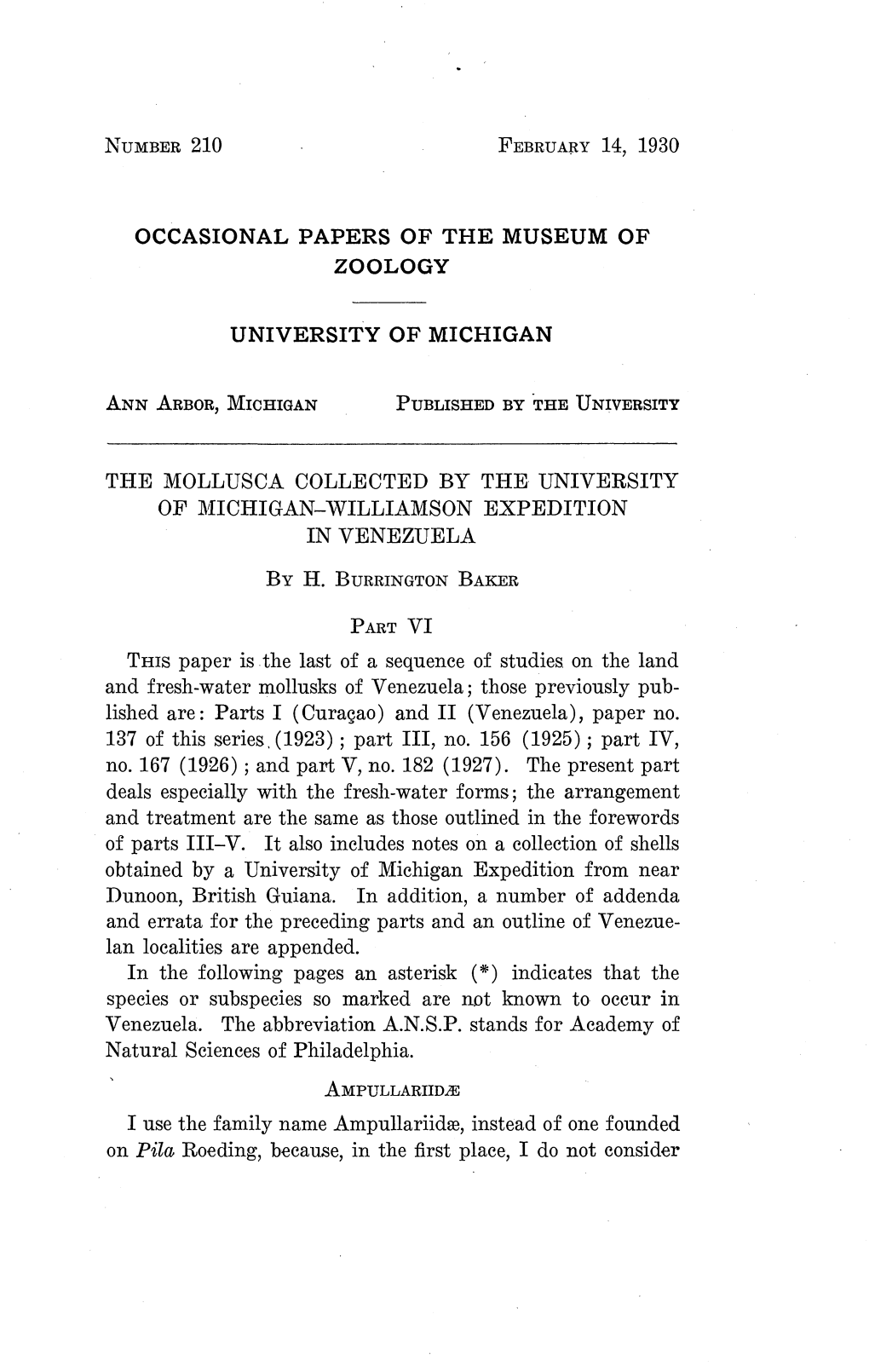 Occasional Papers of the Museum of Zoology University of Michigan