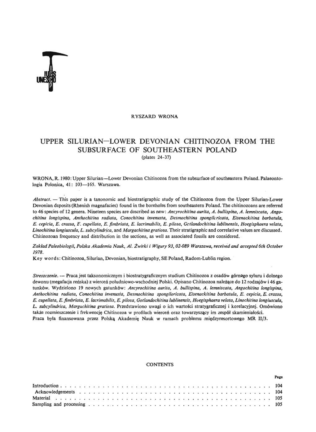 UPPER SILURIAN-LOWER DEVONIAN CHITINOZOA FR.OM the SUBSURFACE of SOUTHEASTERN POLAND (Plates 24-37)