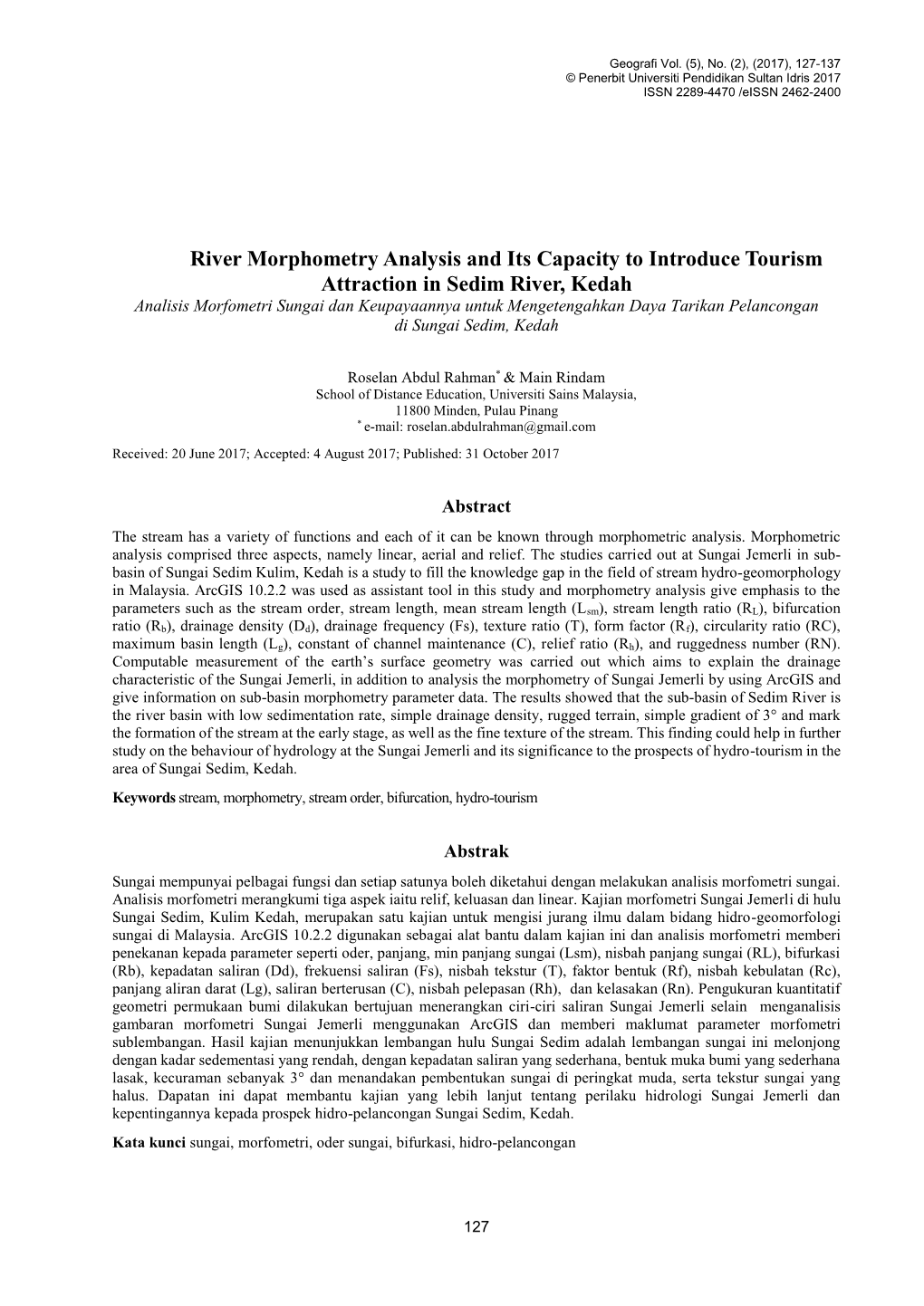 River Morphometry Analysis and Its Capacity to Introduce Tourism