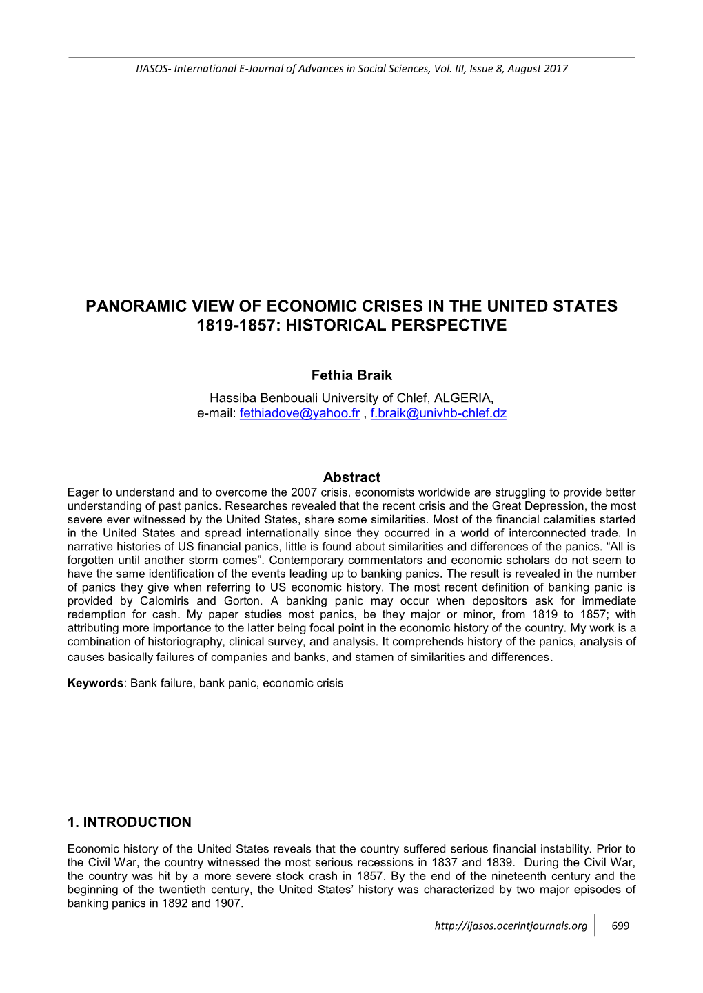 Panoramic View of Economic Crises in the United States 1819-1857: Historical Perspective