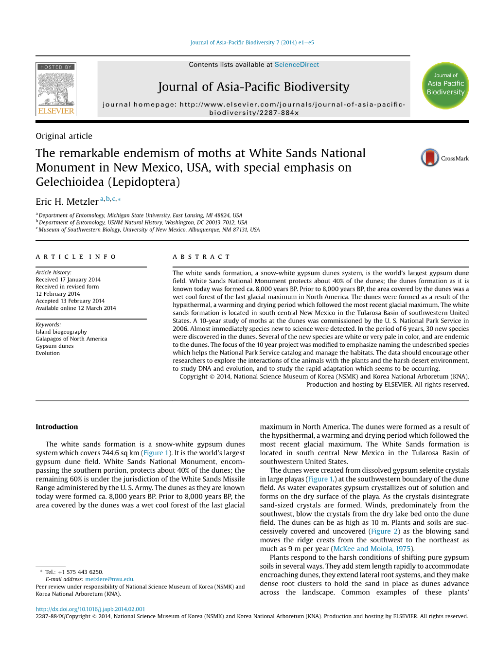 The Remarkable Endemism of Moths at White Sands National Monument in New Mexico, USA, with Special Emphasis on Gelechioidea (Lepidoptera)