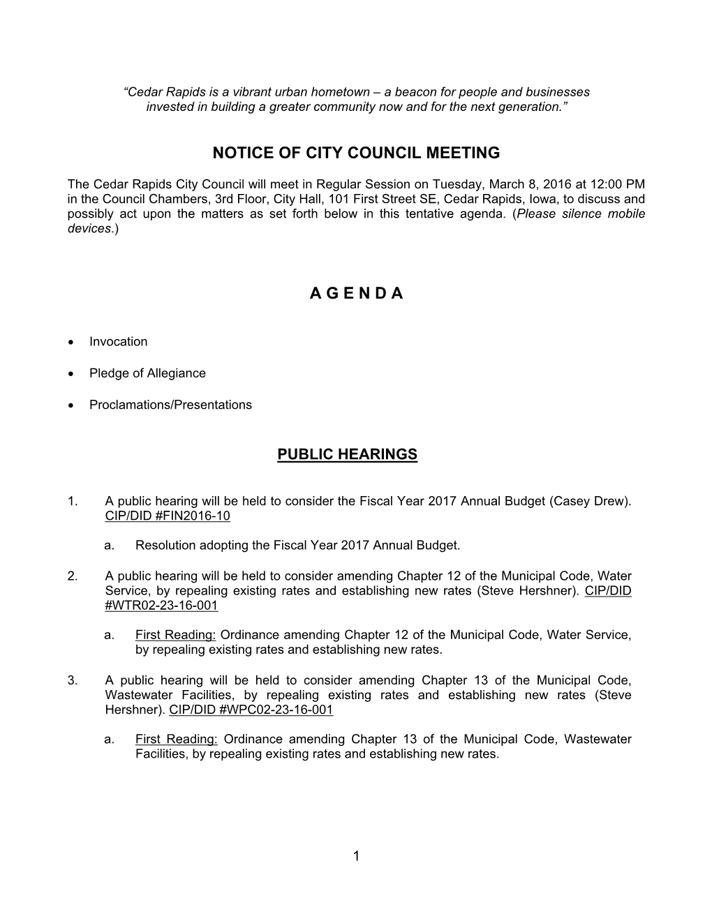 Notice of City Council Meeting a G E N