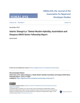 Tibetan Muslim Hybridity, Assimilation and Diaspora ANHS Senior Fellowship Report
