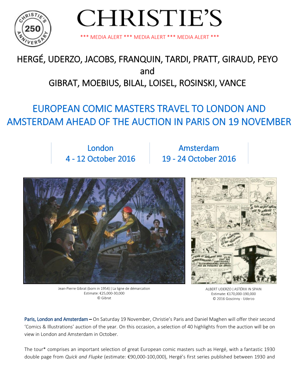 European Comic Masters Travel to London and Amsterdam Ahead of the Auction in Paris on 19 November