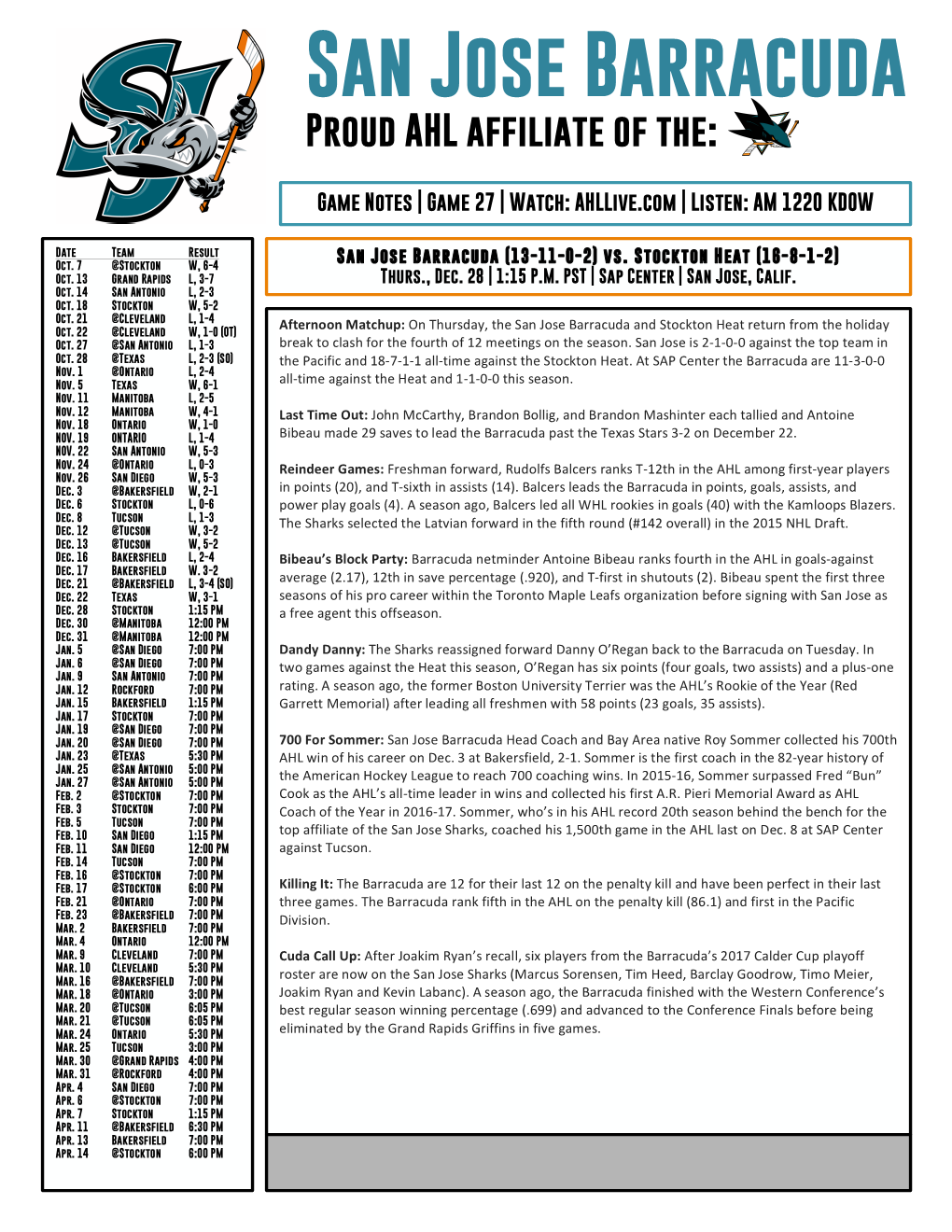 Game Notes | Game 27 | Watch: Ahllive.Com | Listen: AM 1220 KDOW