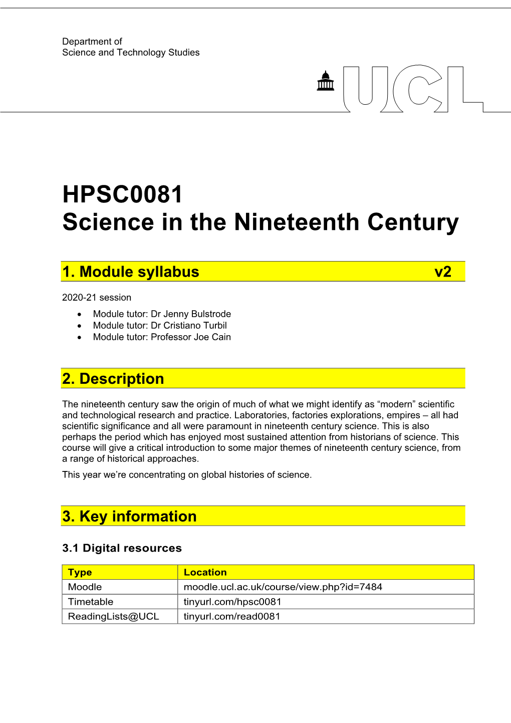 HPSC0081 Science in the Nineteenth Century Course Syllabus