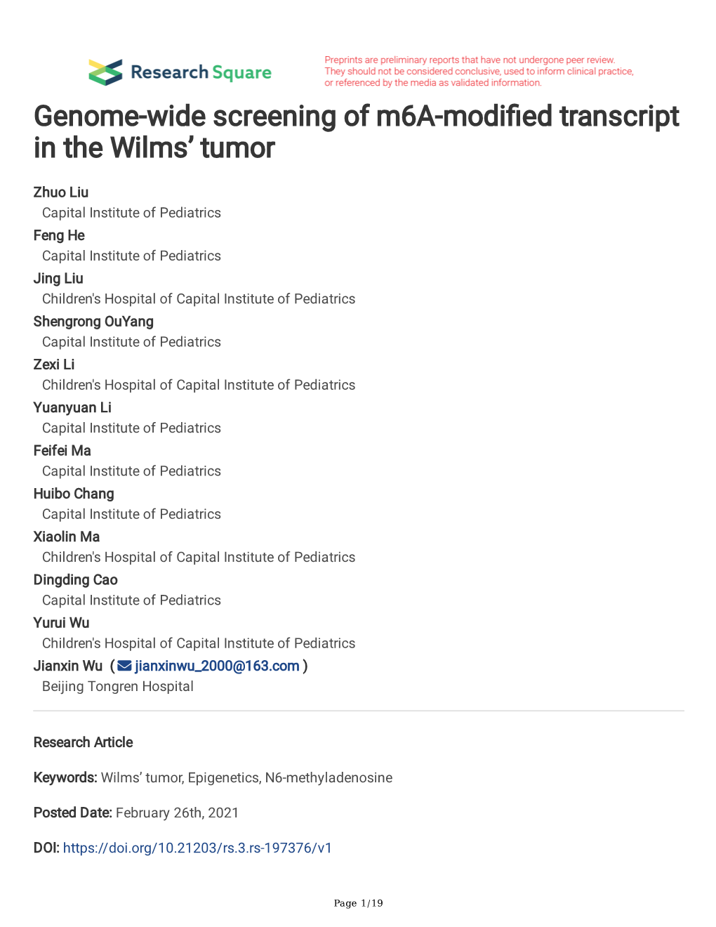 Genome-Wide Screening of M6a-Modi Ed Transcript in the Wilms' Tumor