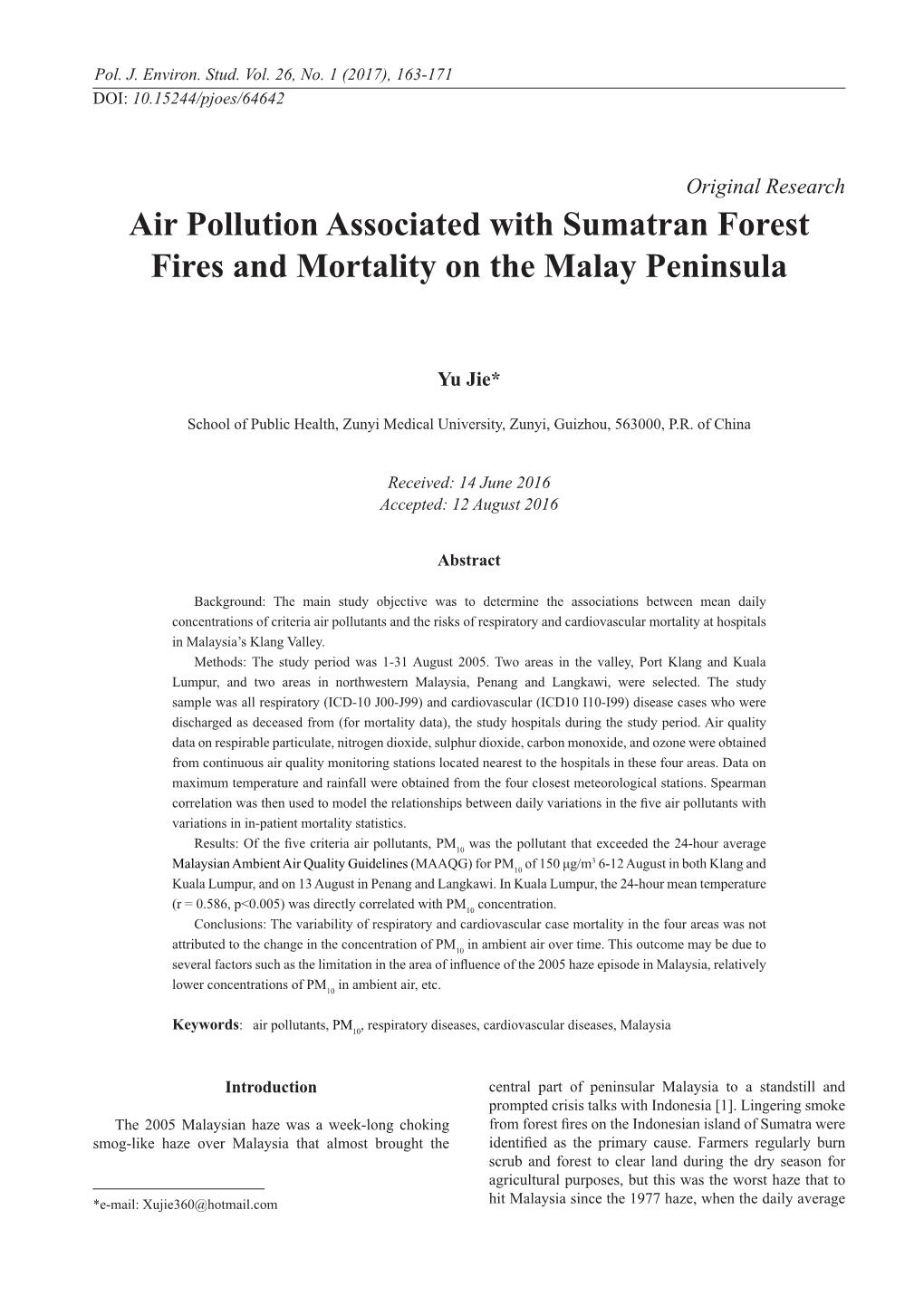 Air Pollution Associated with Sumatran Forest Fires and Mortality on the Malay Peninsula