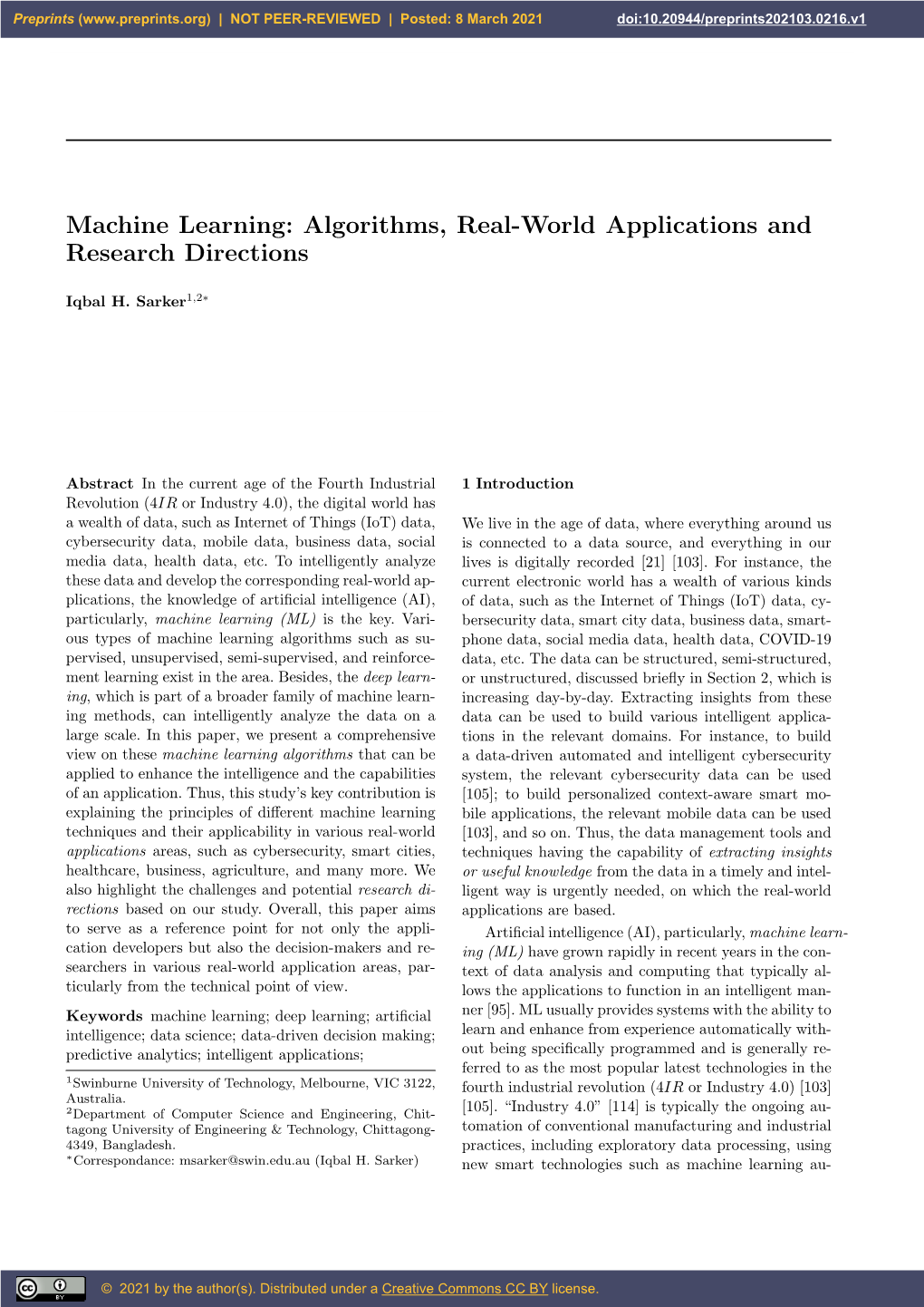 Machine Learning: Algorithms, Real-World Applications and Research Directions