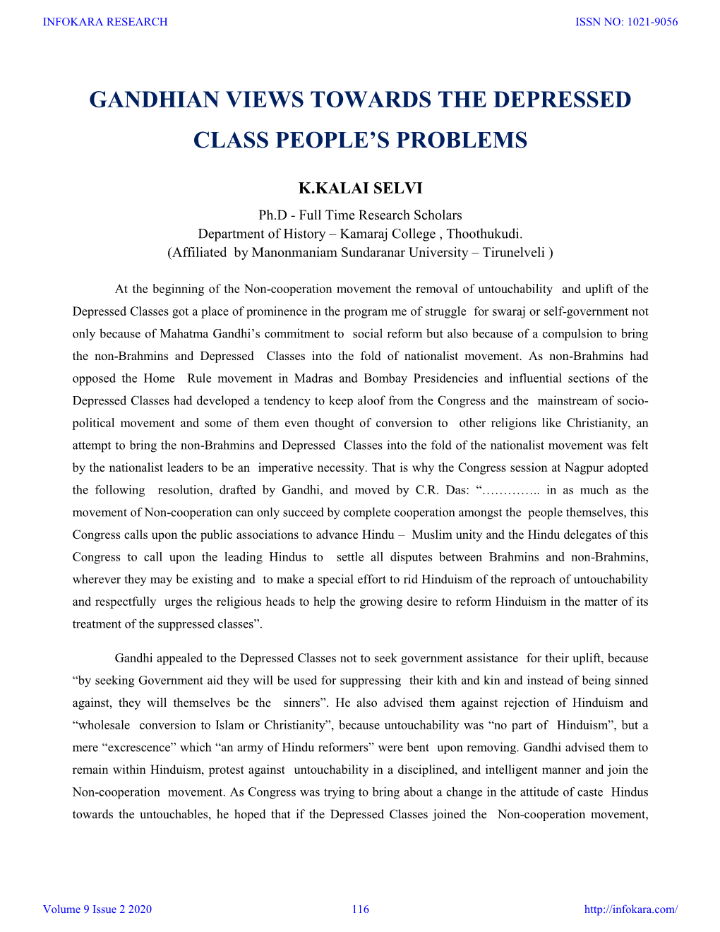 Gandhian Views Towards the Depressed Class People's